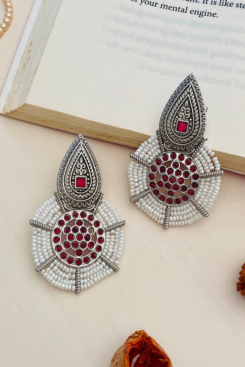 Abdesignsjewellery German Silver Pearl Earring with red stones and intricate pearl detailing