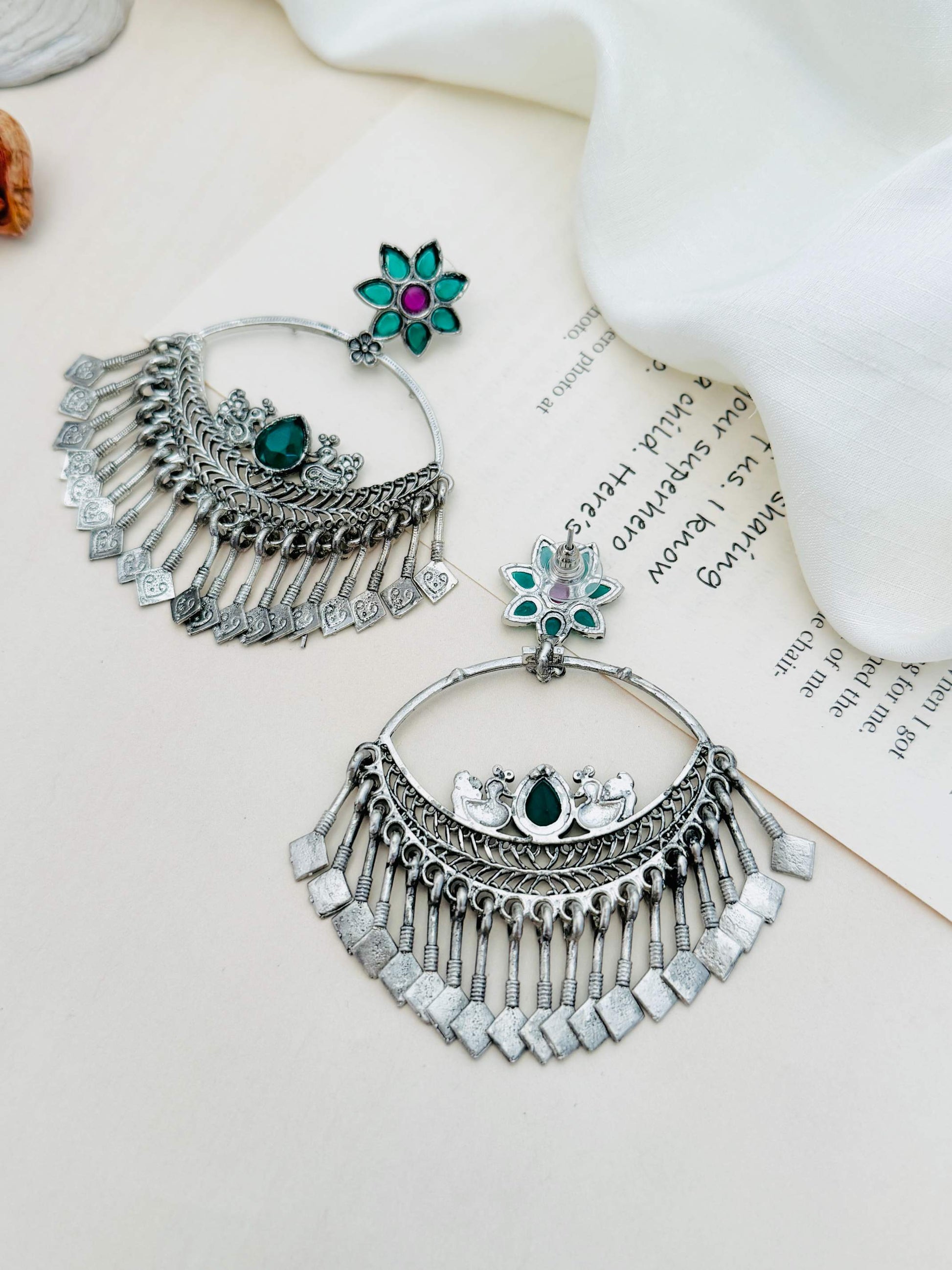 Abdesignsjewellery German Silver Plated Chandbali Style Earrings with green and pink stone accents