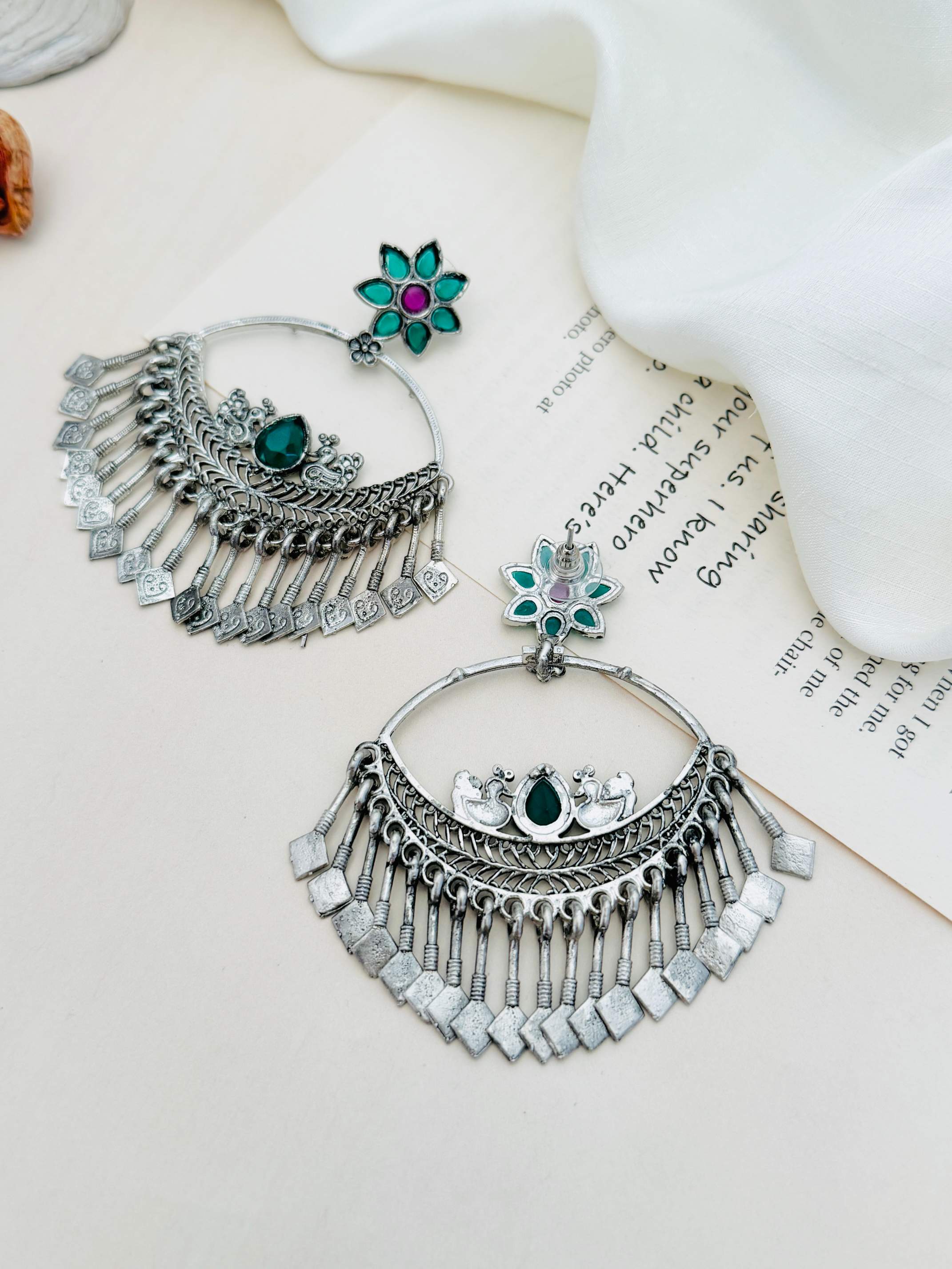 Abdesignsjewellery German Silver Plated Chandbali Style Earrings with green and pink stone accents