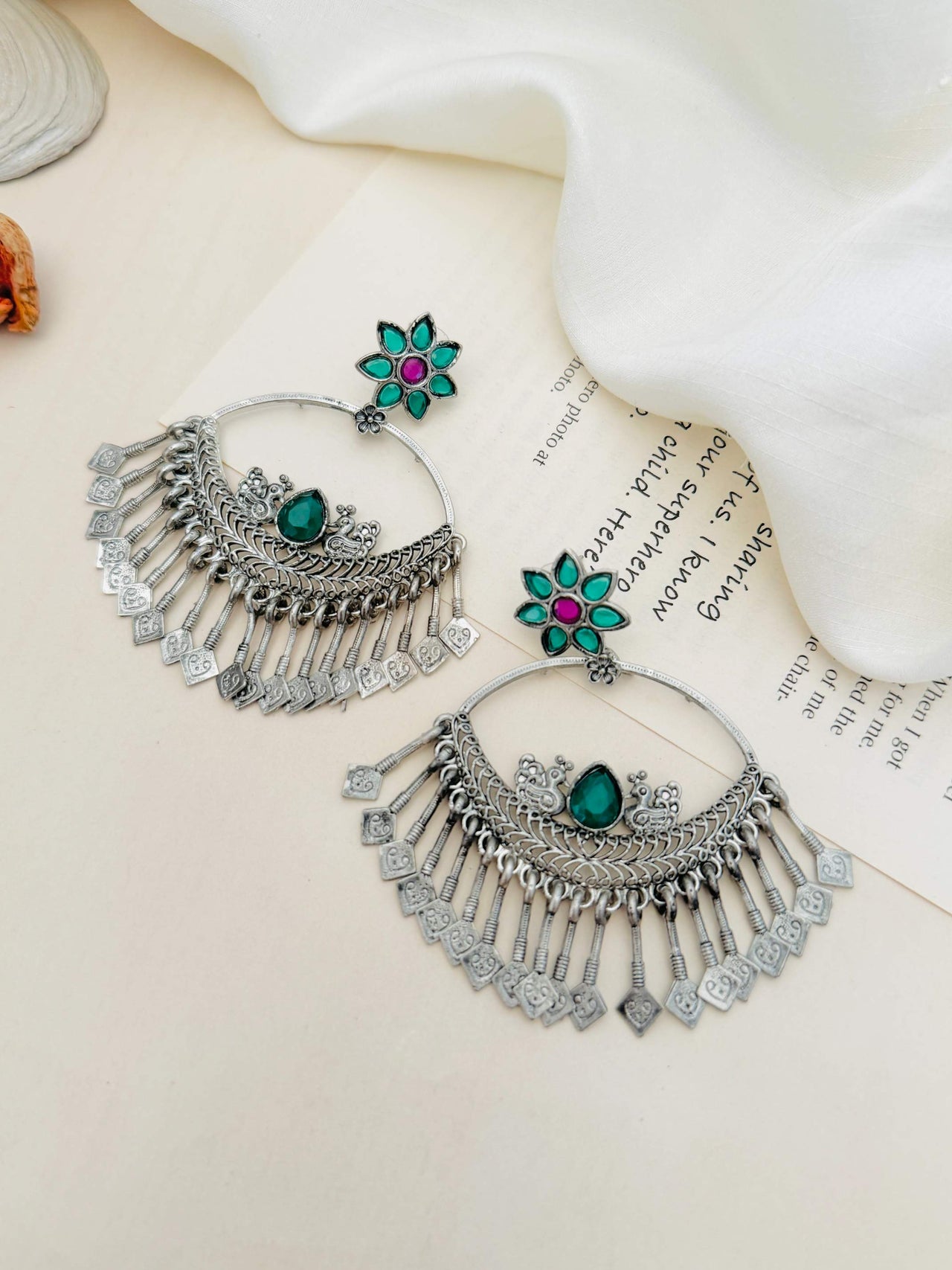 German Silver Plated Chandbali Style Earring with intricate design and green stone accents by Abdesignsjewellery