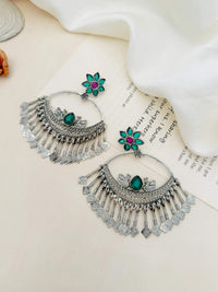 Thumbnail for German Silver Plated Chandbali Style Earring with intricate design and green stone accents by Abdesignsjewellery