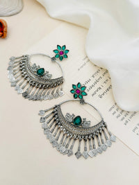 Thumbnail for German Silver Plated Chandbali Style Earring with intricate floral design and green and pink stone accents