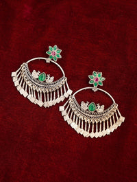 Thumbnail for Abdesignsjewellery German Silver Plated Chandbali Style Earring with green and purple floral design on red background