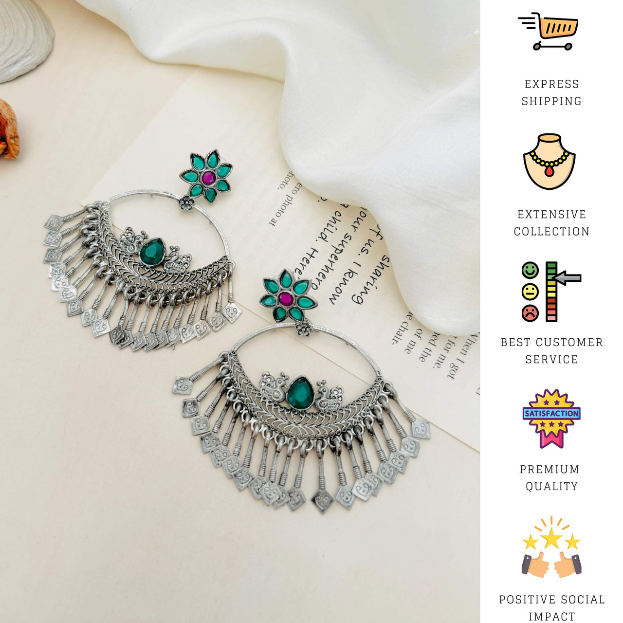 Abdesignsjewellery German Silver Plated Chandbali Style Earrings with green and purple floral design