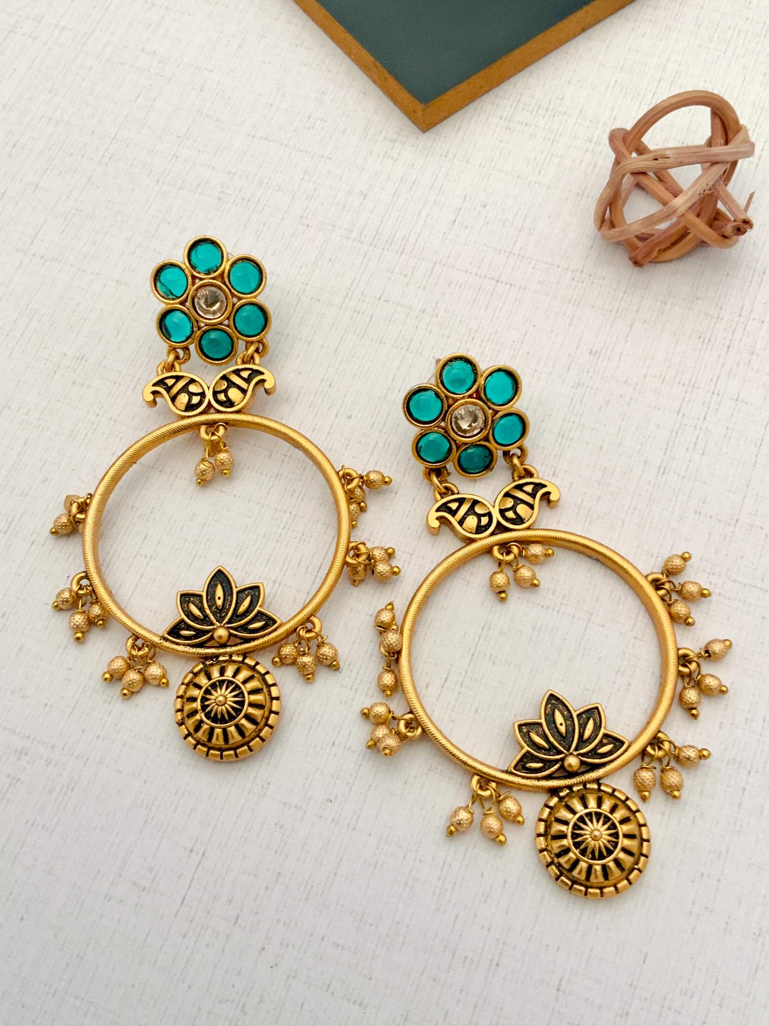 Abdesignsjewellery German Silver Plated Floral Earring with turquoise floral design and gold detailing