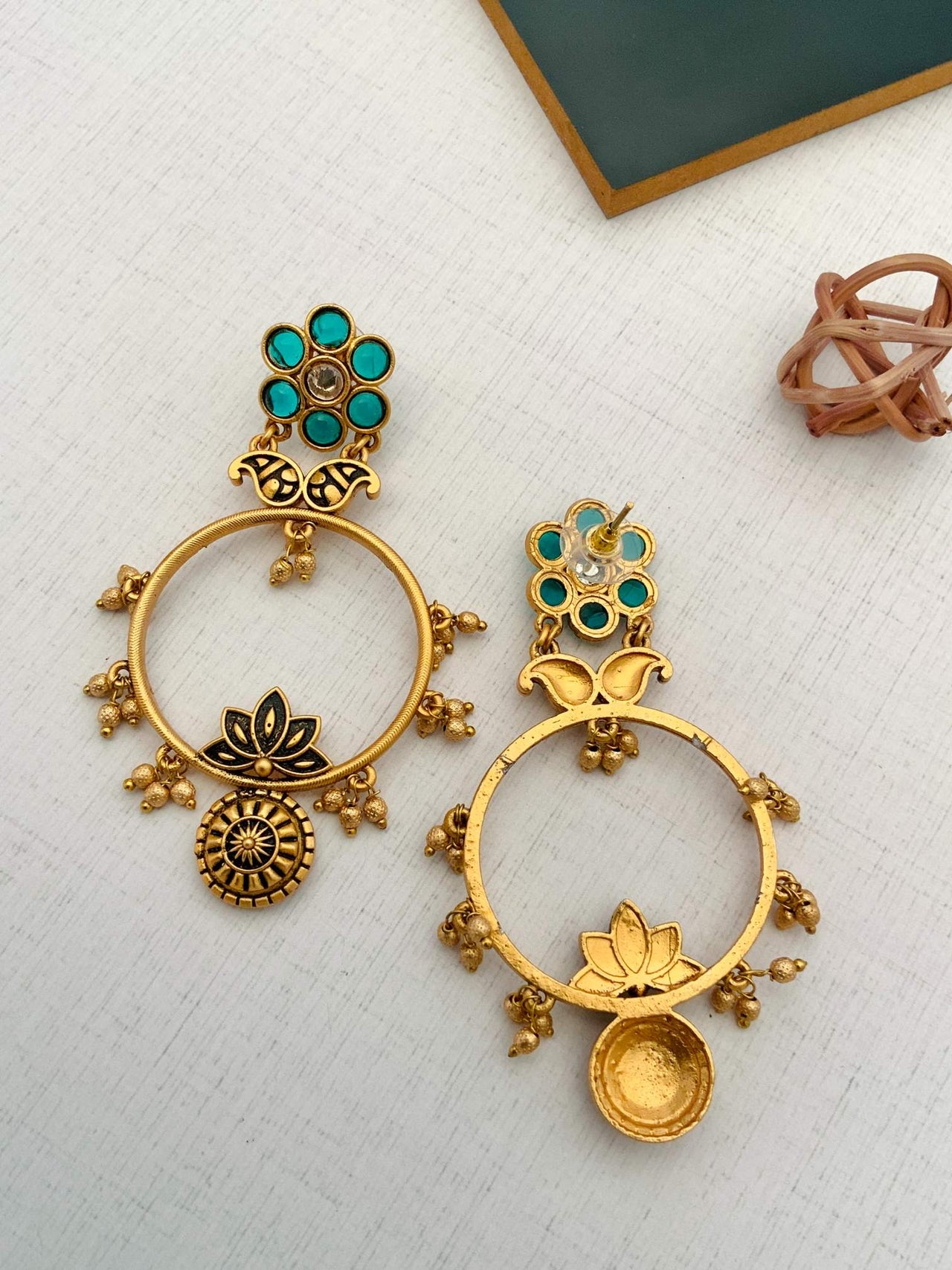 Abdesignsjewellery German Silver Plated Floral Earring with turquoise stones and intricate gold detailing