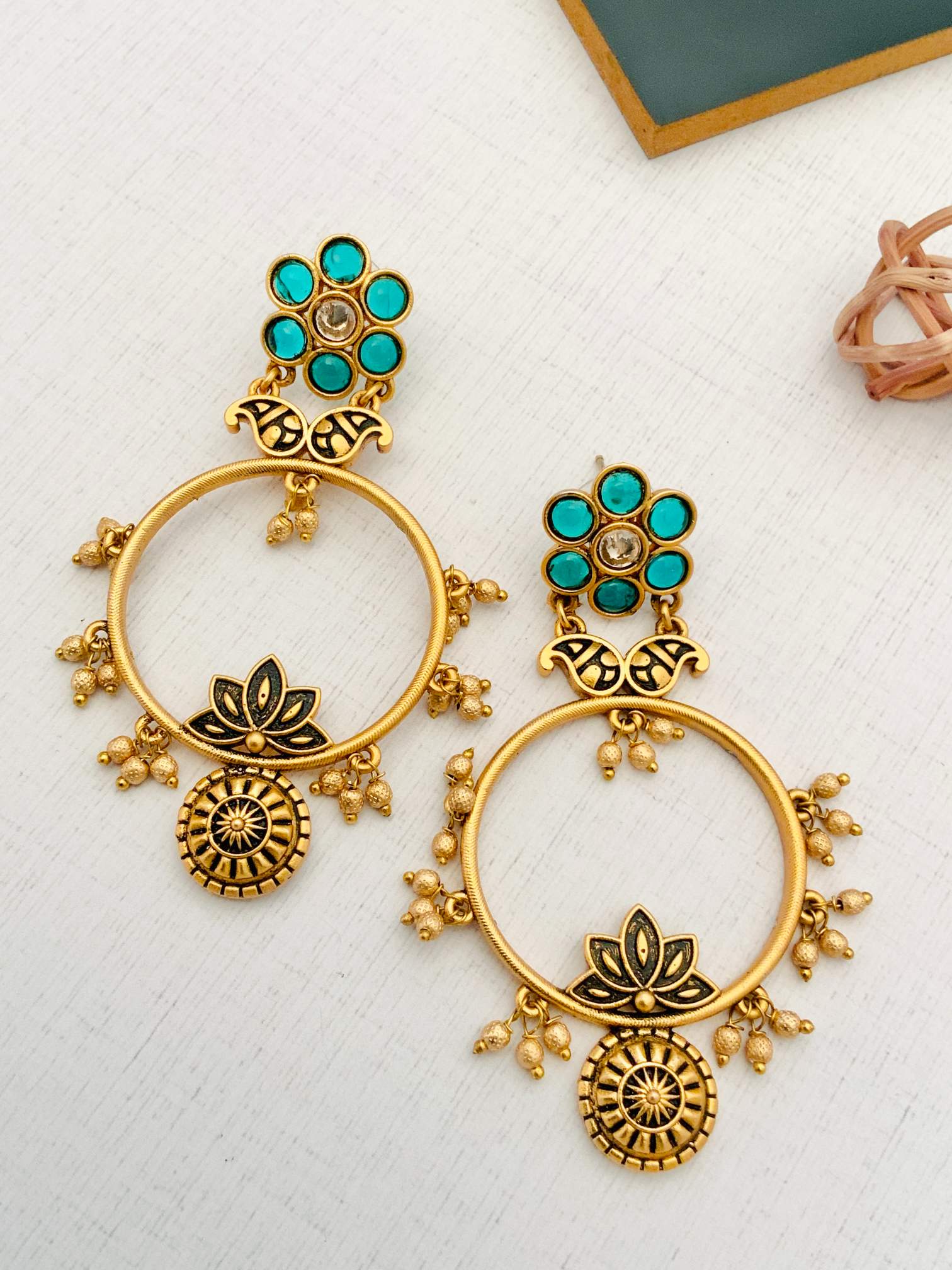 Abdesignsjewellery German Silver Plated Floral Earring with turquoise stones and intricate gold details