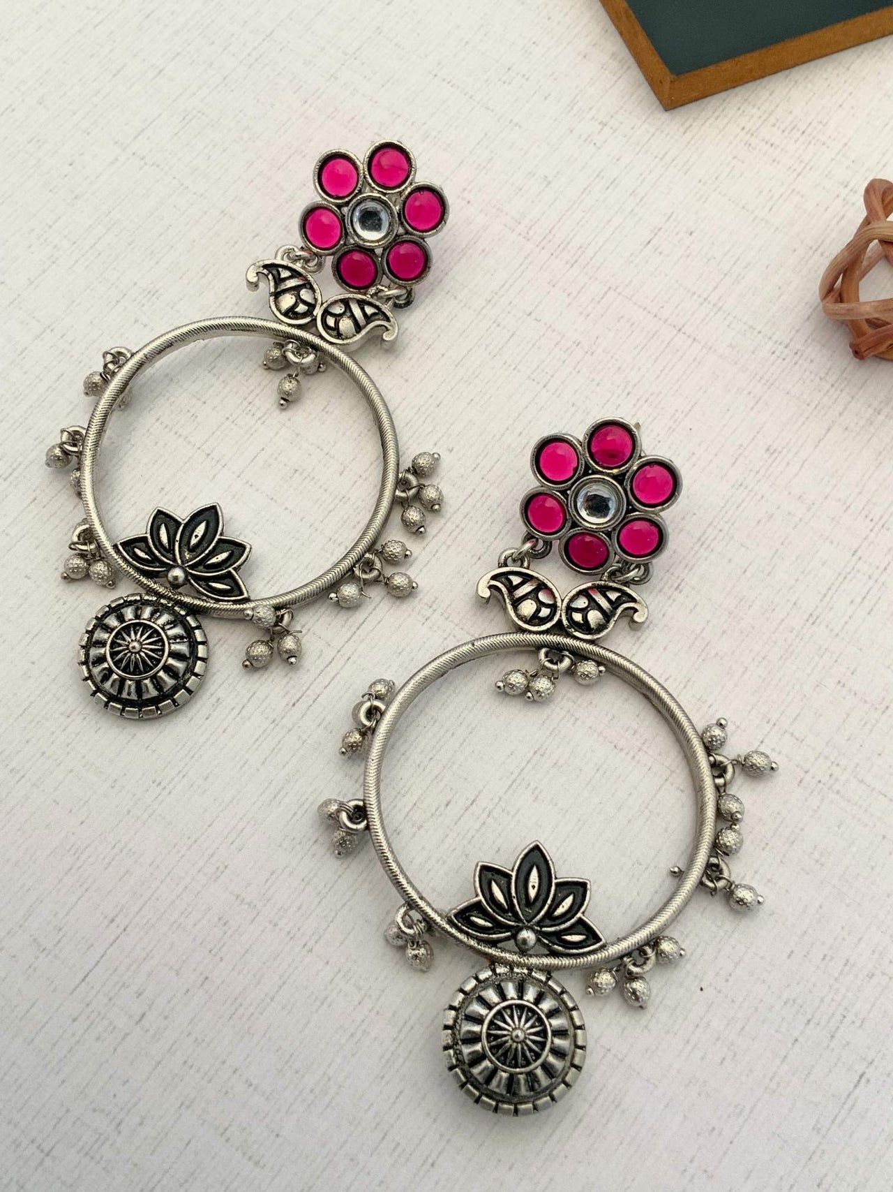Abdesignsjewellery German Silver Plated Floral Earring with pink flower and intricate silver detailing