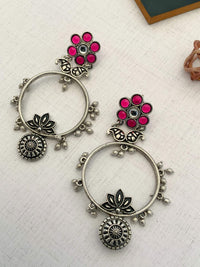 Thumbnail for Abdesignsjewellery German Silver Plated Floral Earring with pink flower and intricate silver detailing