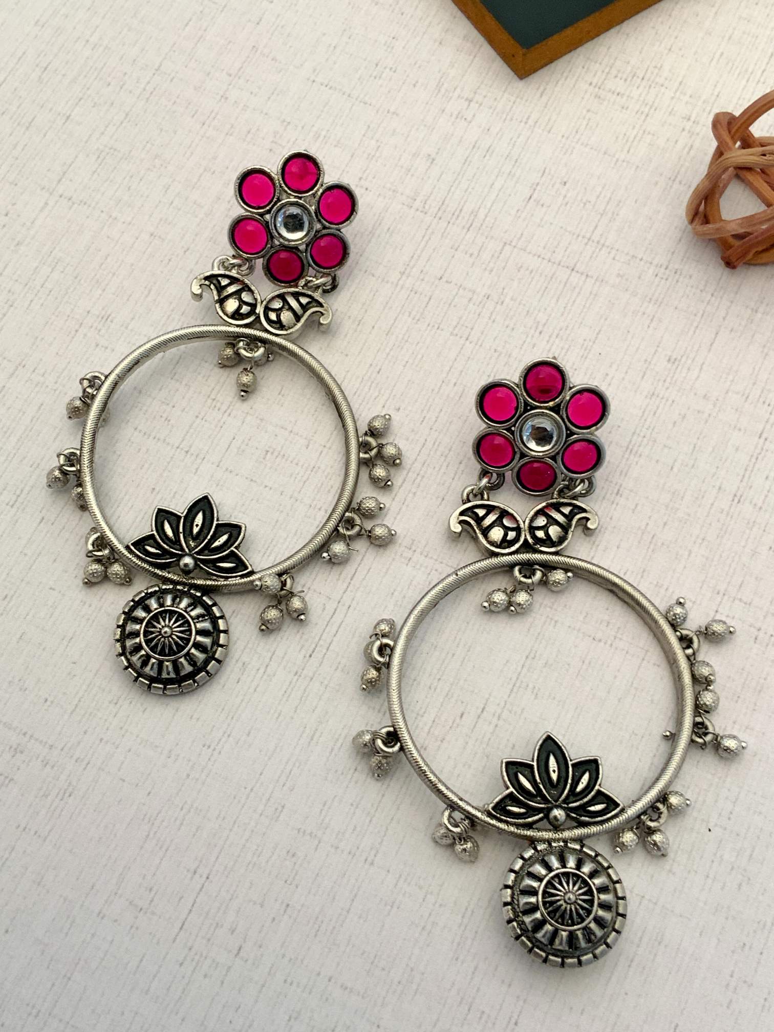 Abdesignsjewellery German Silver Plated Floral Earring with pink flower design and intricate silver detailing
