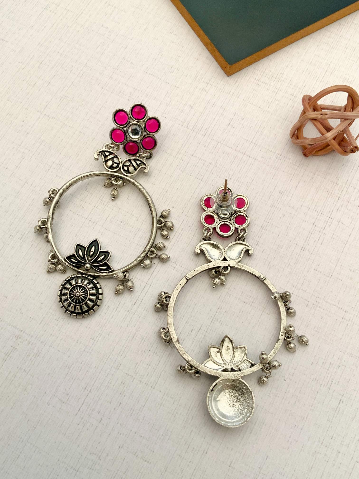 Abdesignsjewellery German Silver Plated Floral Earring with pink stones and intricate floral design