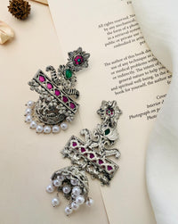 Thumbnail for Abdesignsjewellery German Silver Plated Long Peacock Earrings with colorful stones and pearl drop accents