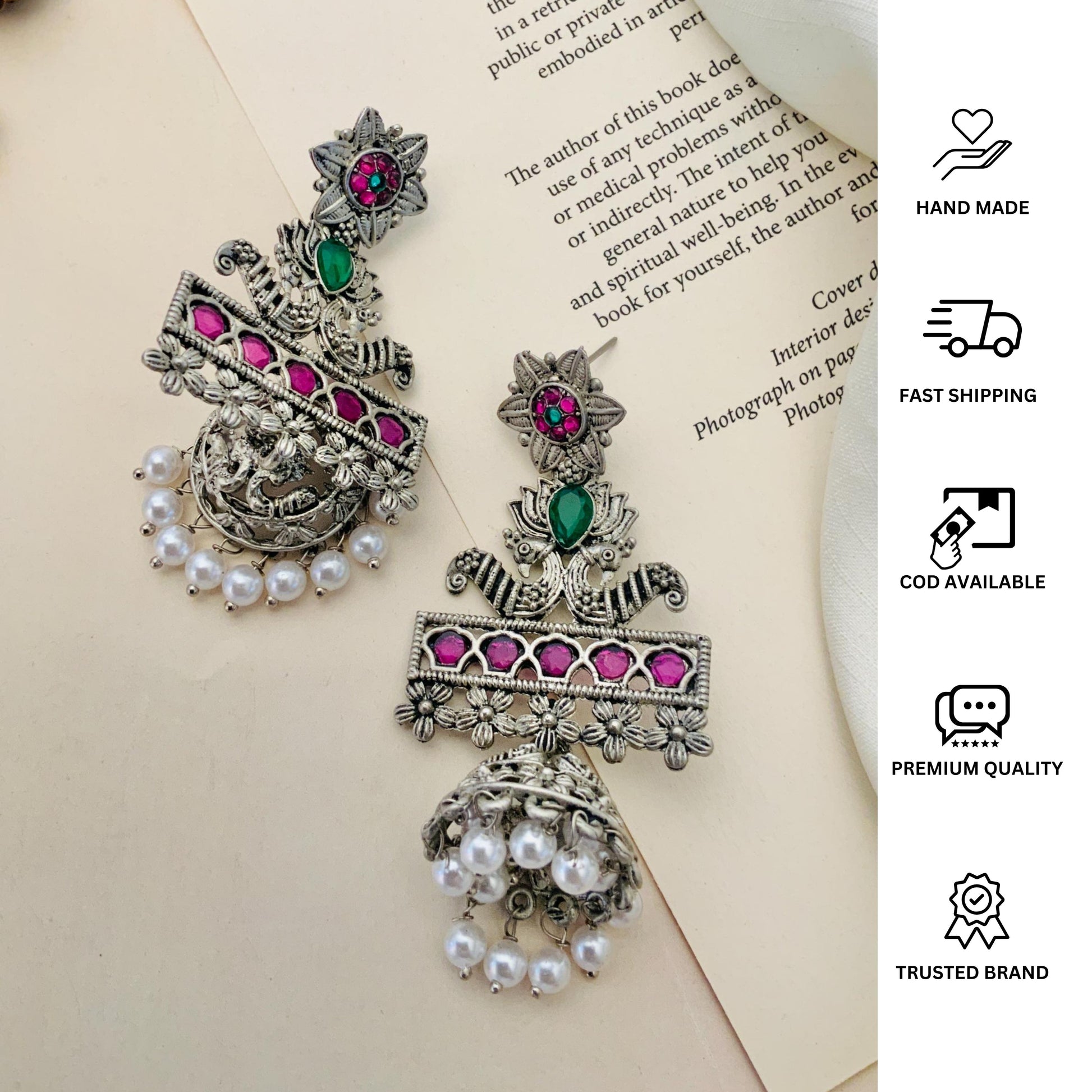 Abdesignsjewellery German Silver Plated Long Peacock Earrings with pink and green stones and pearl drops