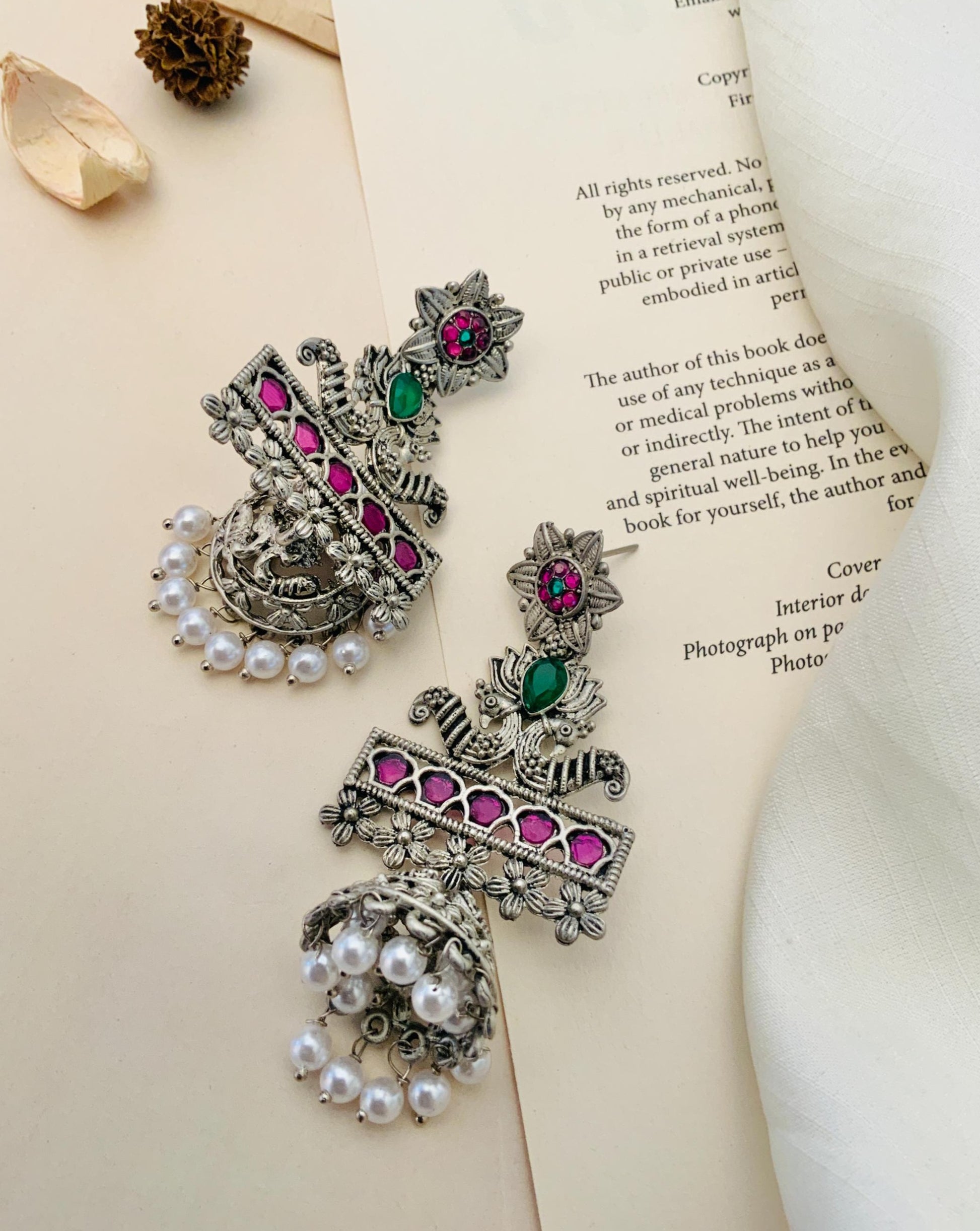 German Silver Plated Long Peacock Earrings with pink and green stones and pearl accents by Abdesignsjewellery
