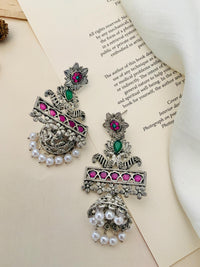 Thumbnail for Abdesignsjewellery German Silver Plated Long Peacock Earrings with pink and green stones and pearl accents