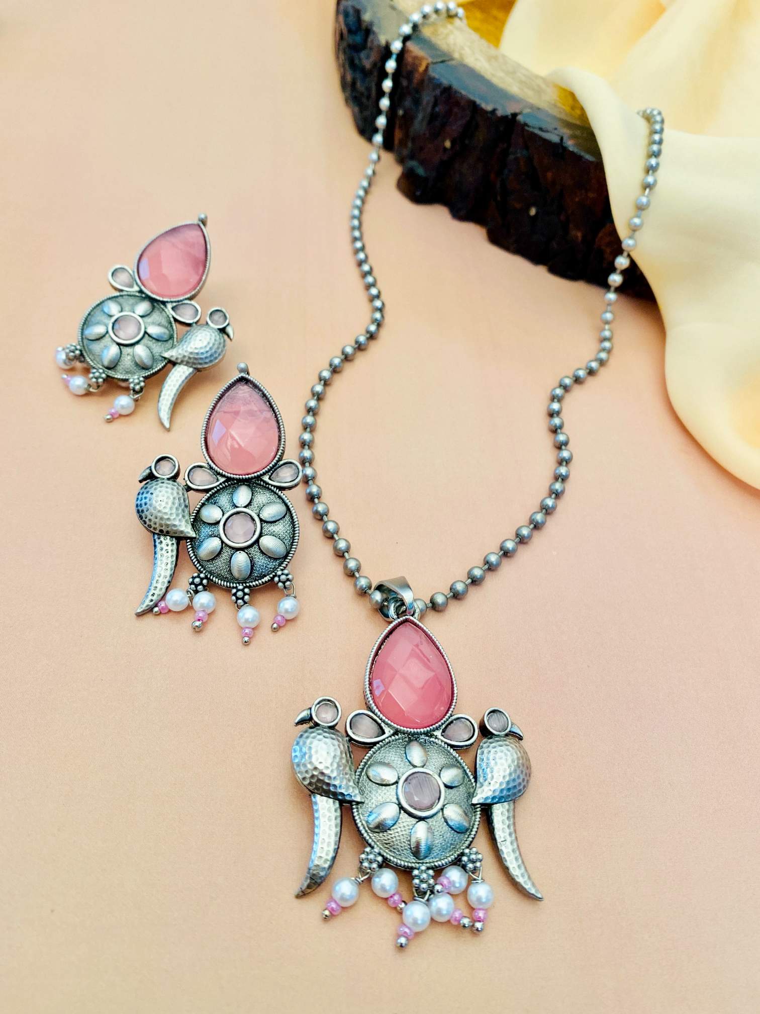 Abdesignsjewellery German Silver Plated Necklace Set with pink stones and intricate floral design