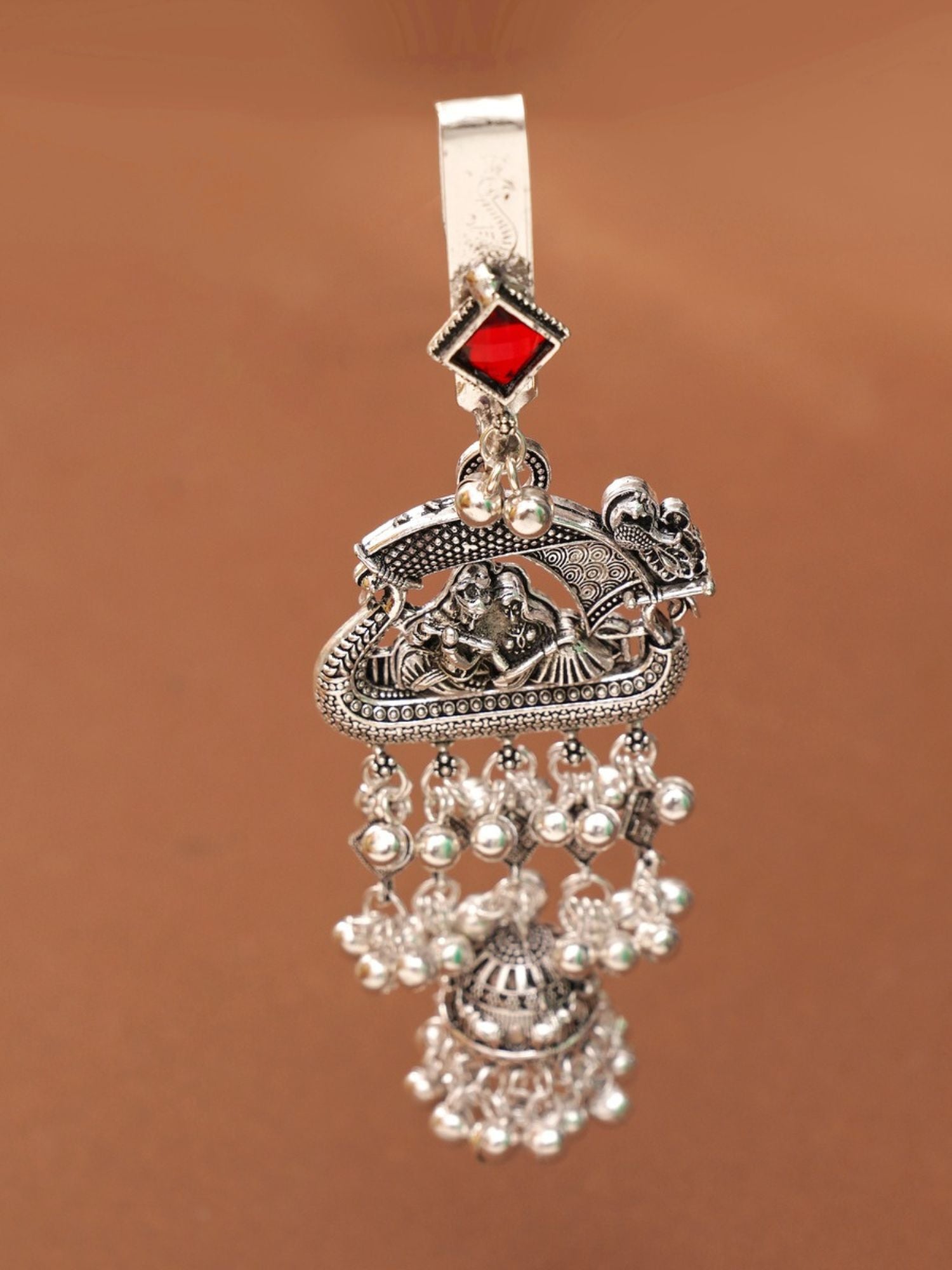 Abdesignsjewellery German silver saree juda pin combo ornate Ganesh motif with red stone and pearl danglers