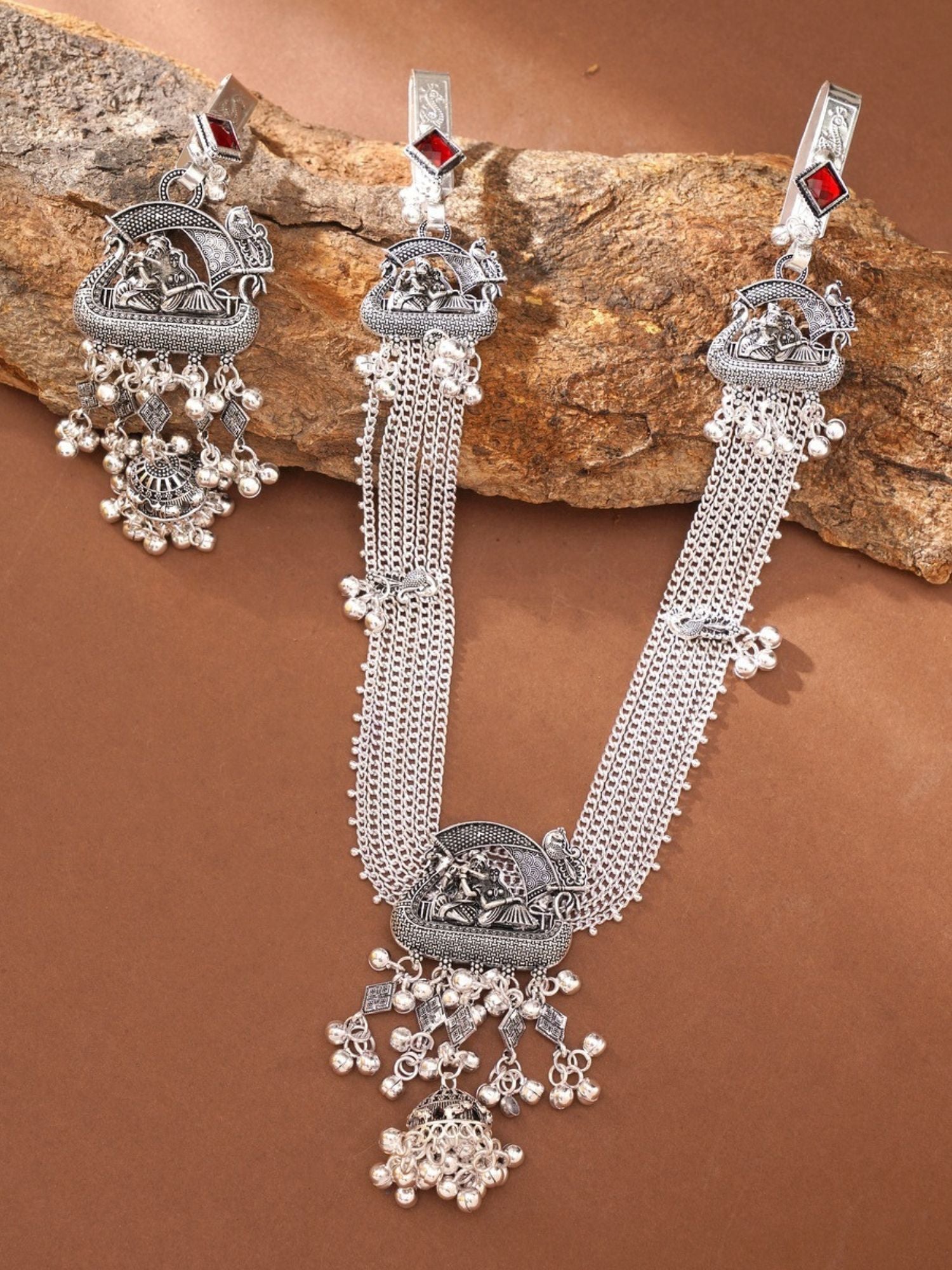 German silver saree juda pin combo ornate filigree chains and dangling jhumka bells with red stone accents