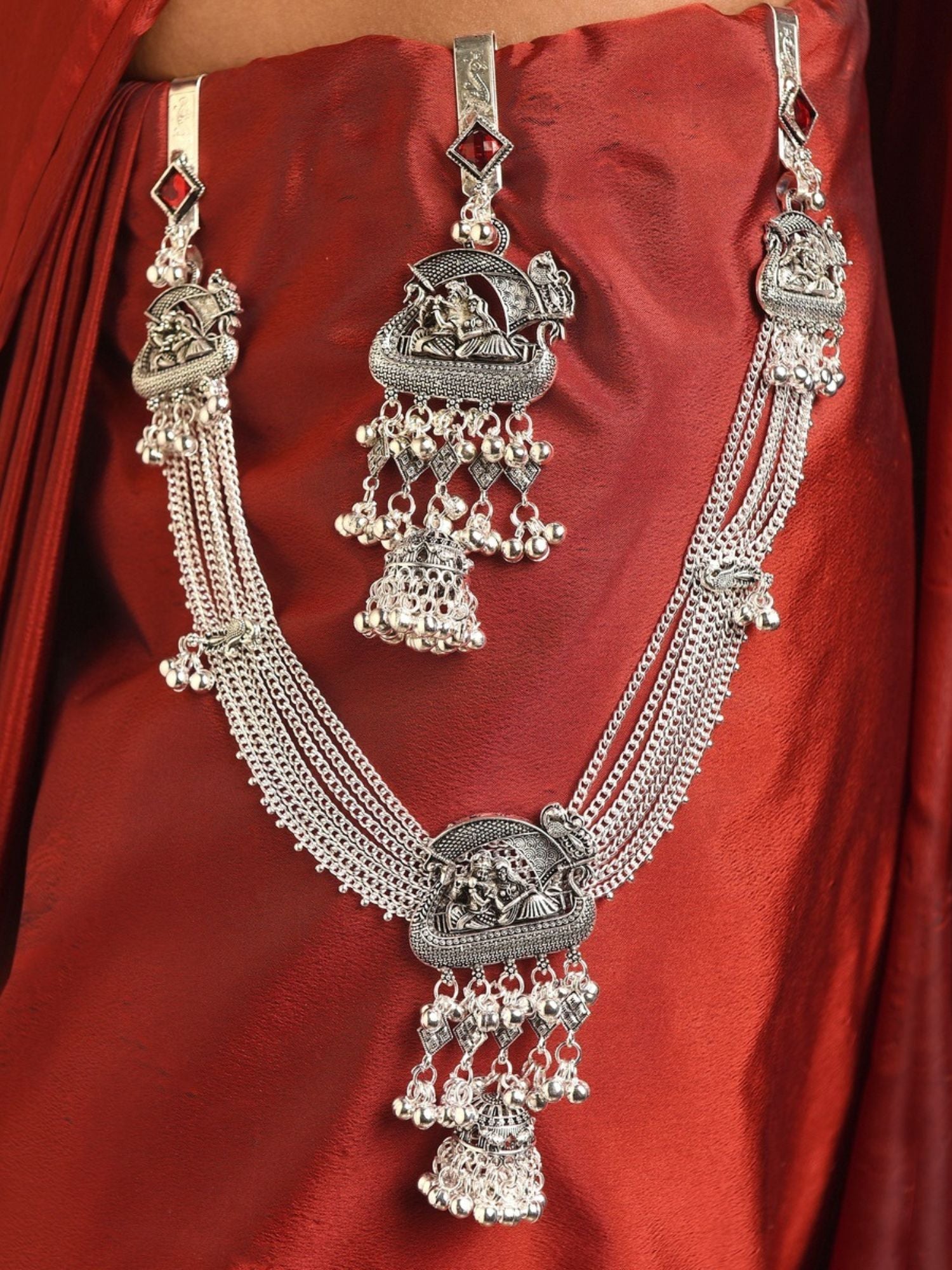 Abdesignsjewellery German silver saree juda pin combo with oxidized temple motifs chains and jhumka drops on red silk saree