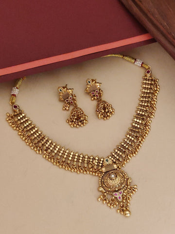 Gold Look Antique Gold Plated Swaroski Stones Necklace Set Indian necklace with ornate pendant and matching jhumka earrings