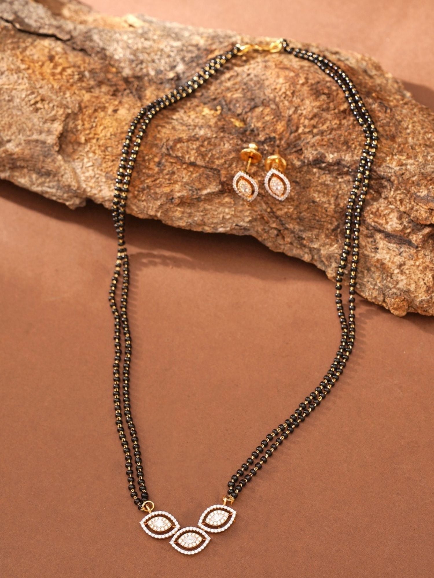 gold plated American diamond mangalsutra set double black bead chain with triple marquise pendant and matching earrings