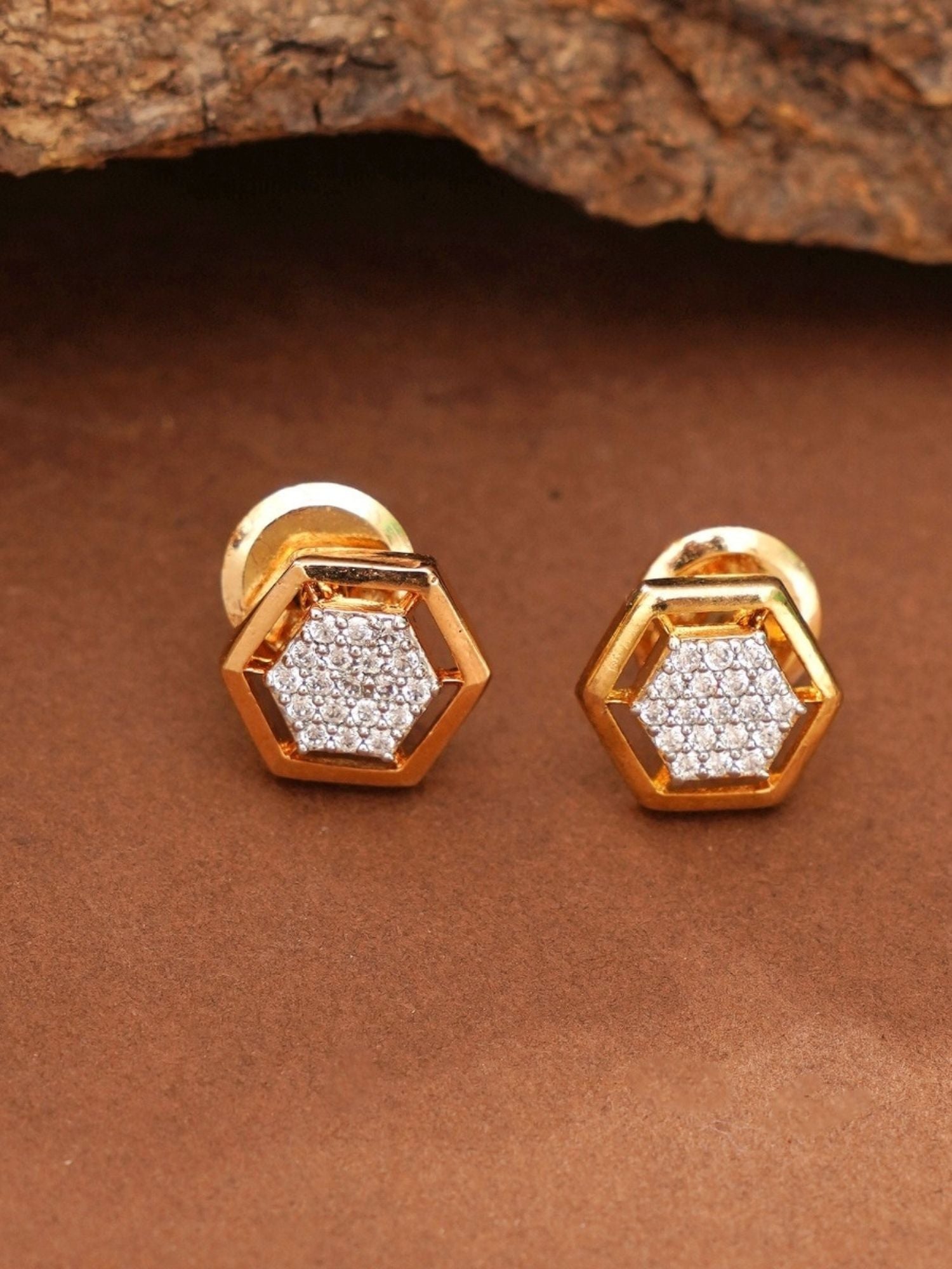 Abdesignsjewellery gold plated American diamond mangalsutra set hexagon stud earrings with pave stones
