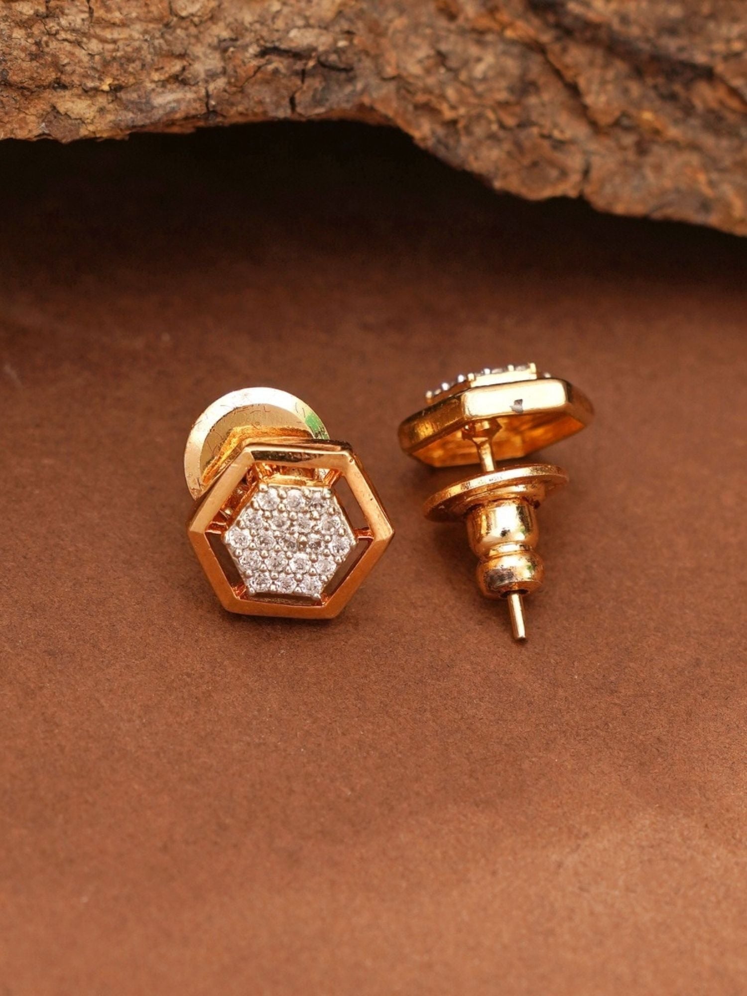 Abdesignsjewellery hexagon gold stud earrings with pave stones gold plated American diamond mangalsutra set