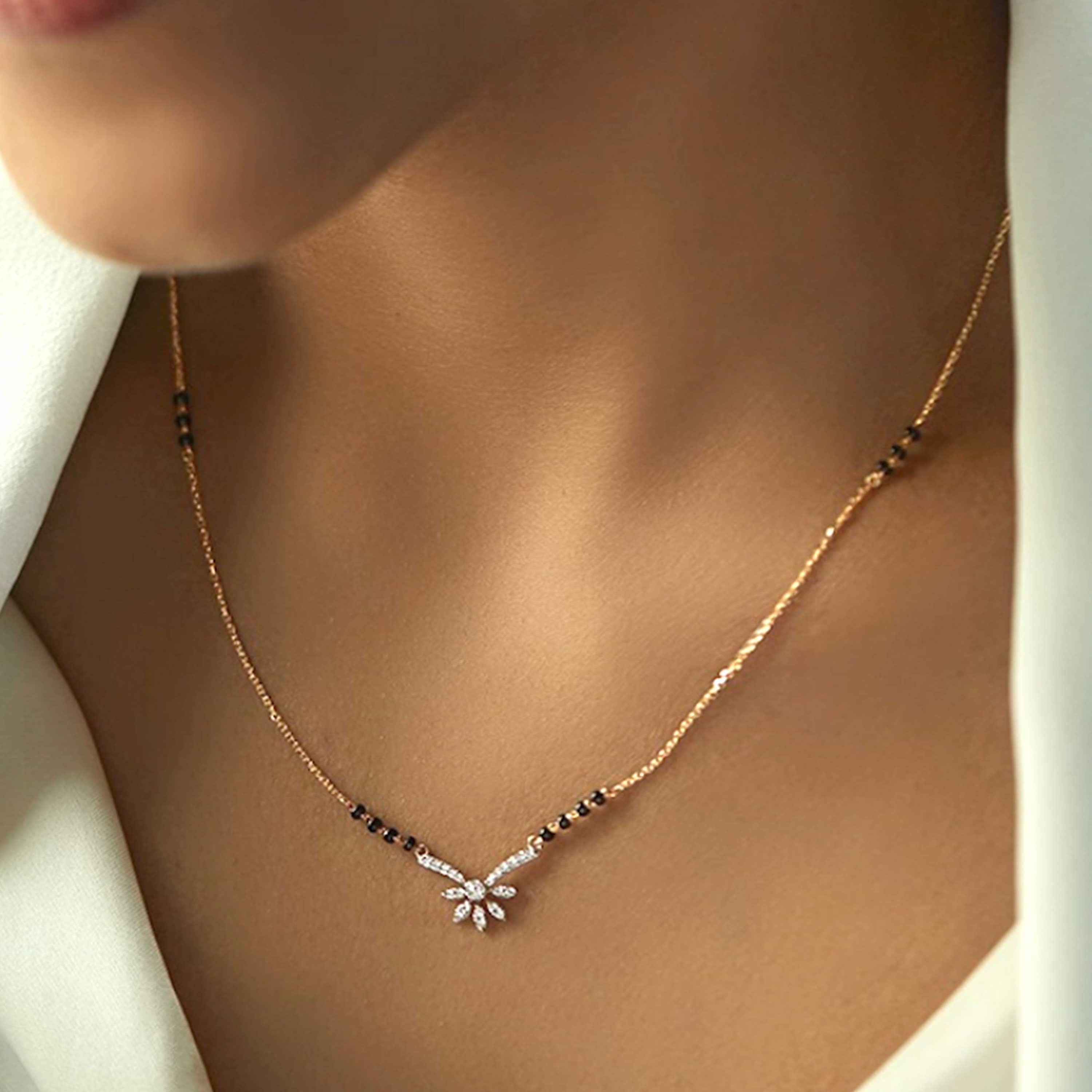 Gold Plated American Diamond Mangalsutra with delicate pendant and black bead chain by Abdesignsjewellery