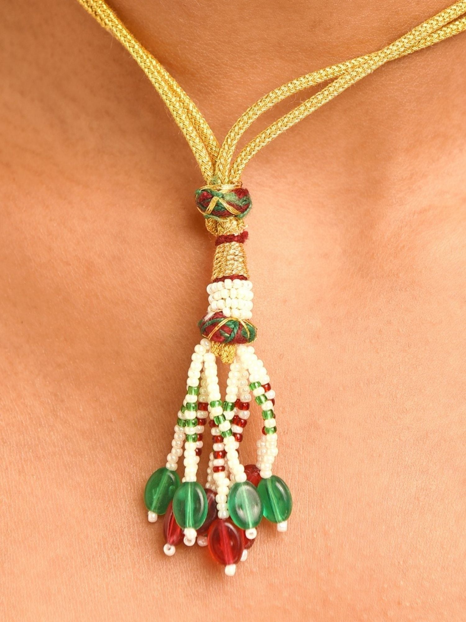 Abdesignsjewellery gold plated antique bridal jewellery set necklace with gold cord and green red bead tassel