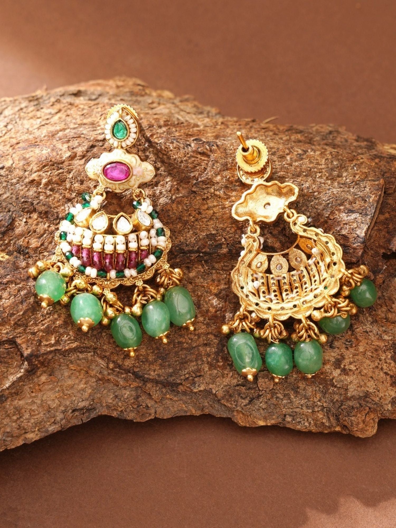 Abdesignsjewellery gold plated antique bridal jewellery set pair of green beaded jhumka earrings with kundan