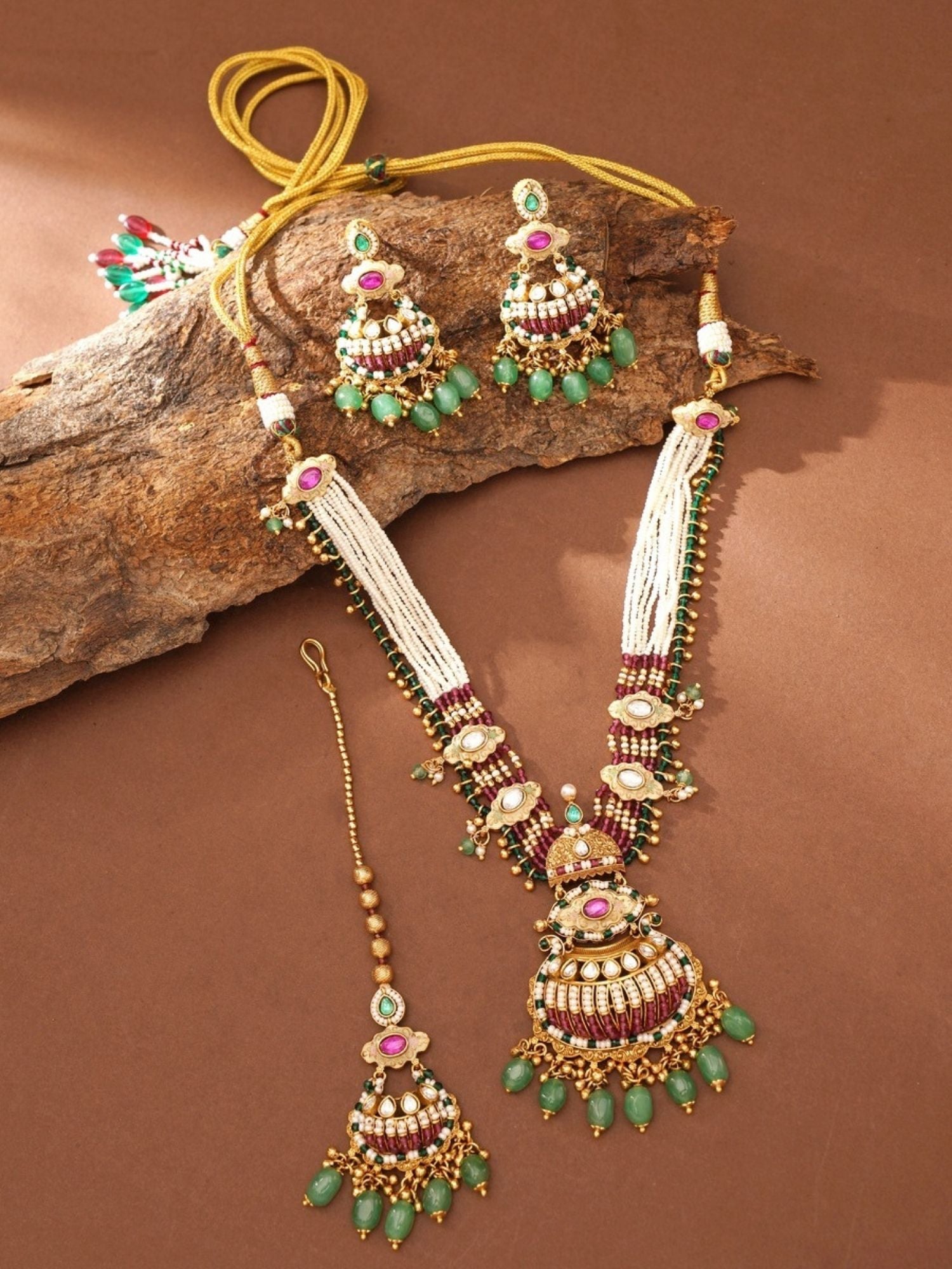 Abdesignsjewellery gold plated antique bridal jewellery set necklace with green beads multi strand pearls and matching earrings