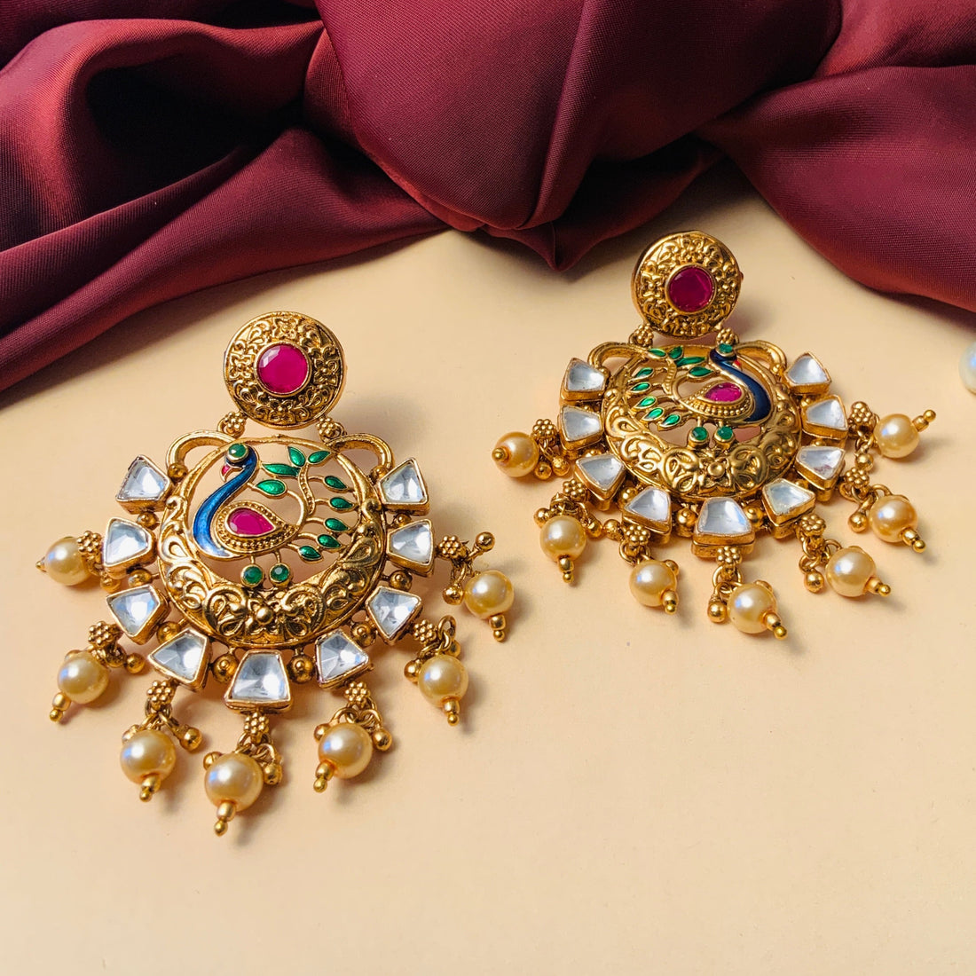 Gold Plated Antique Round Peacock Kundan Earrings by Abdesignsjewellery with pearl drops for weddings