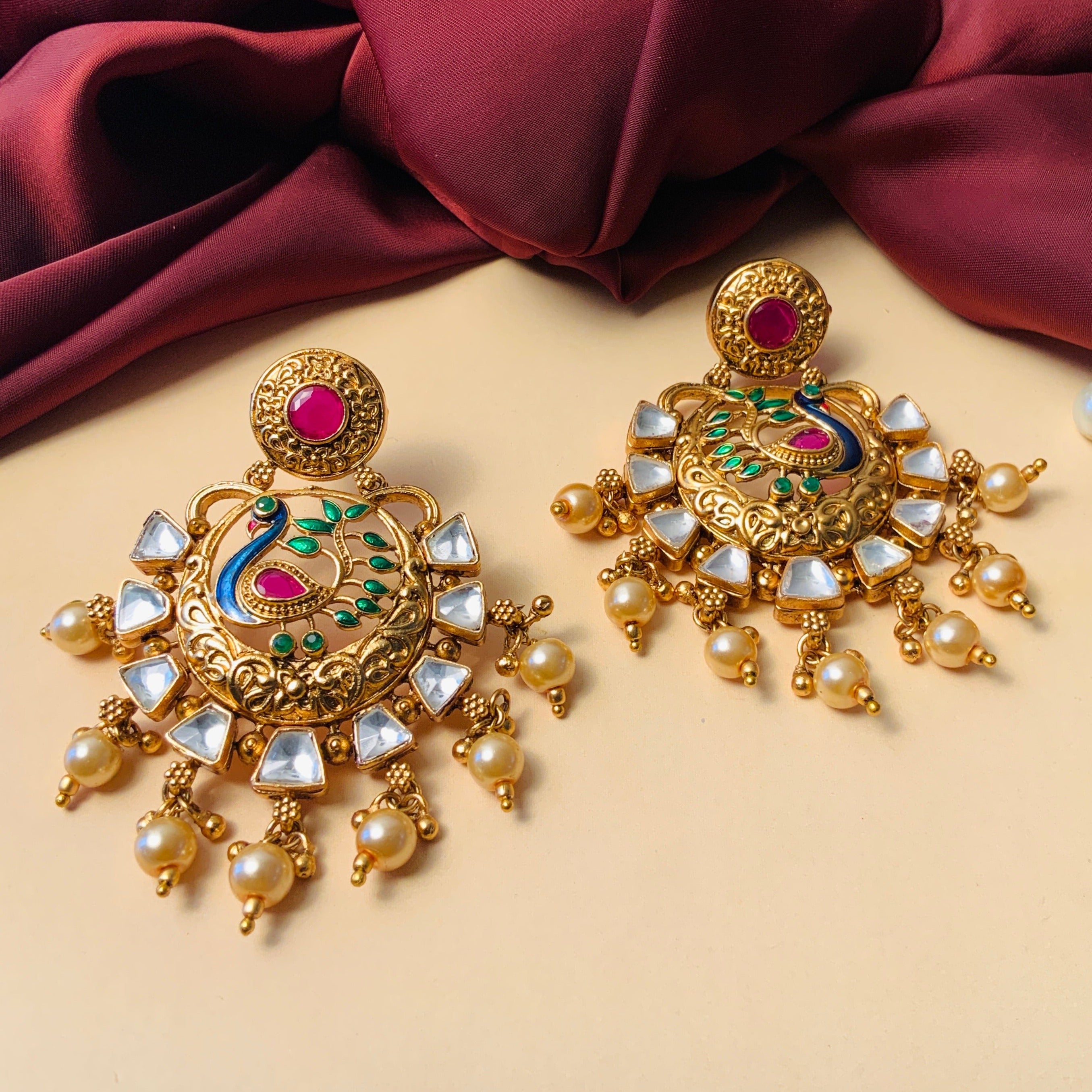 Gold Plated Antique Round Peacock Kundan Earrings by Abdesignsjewellery gold enamel peacock with kundan stones and pearl drops