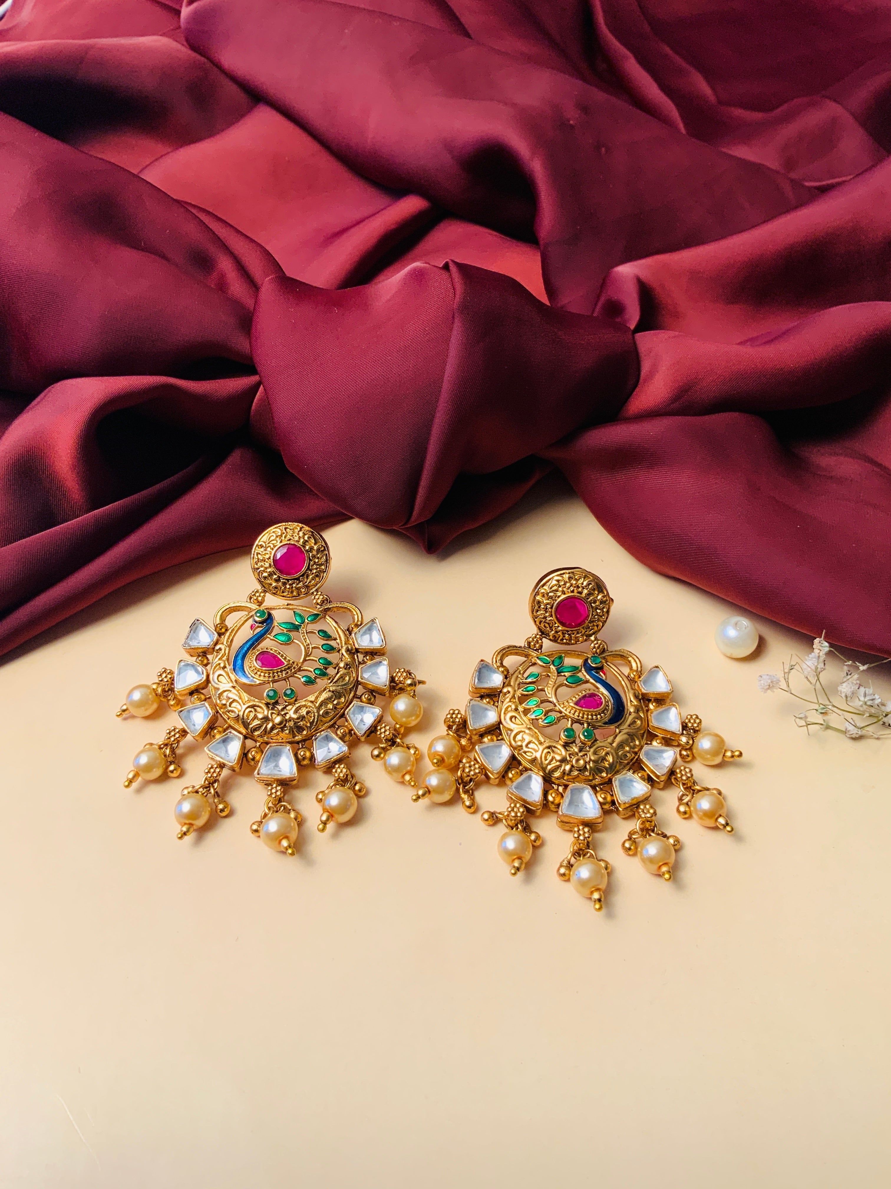 Gold Plated Antique Round Peacock Kundan Earrings with pink center white kundan stones and pearl drops