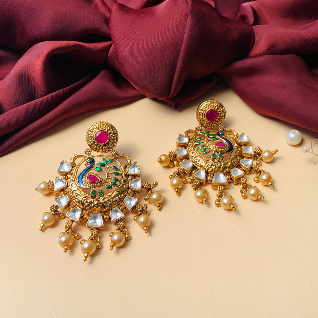 Gold Plated Antique Round Peacock Kundan Earrings by Abdesignsjewellery with pearl drops for weddings