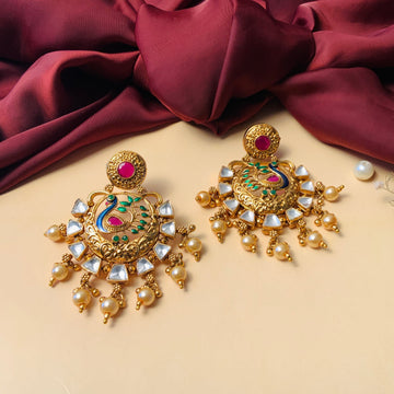 Gold Plated Antique Round Peacock Kundan Earrings by Abdesignsjewellery with pearl drops for weddings