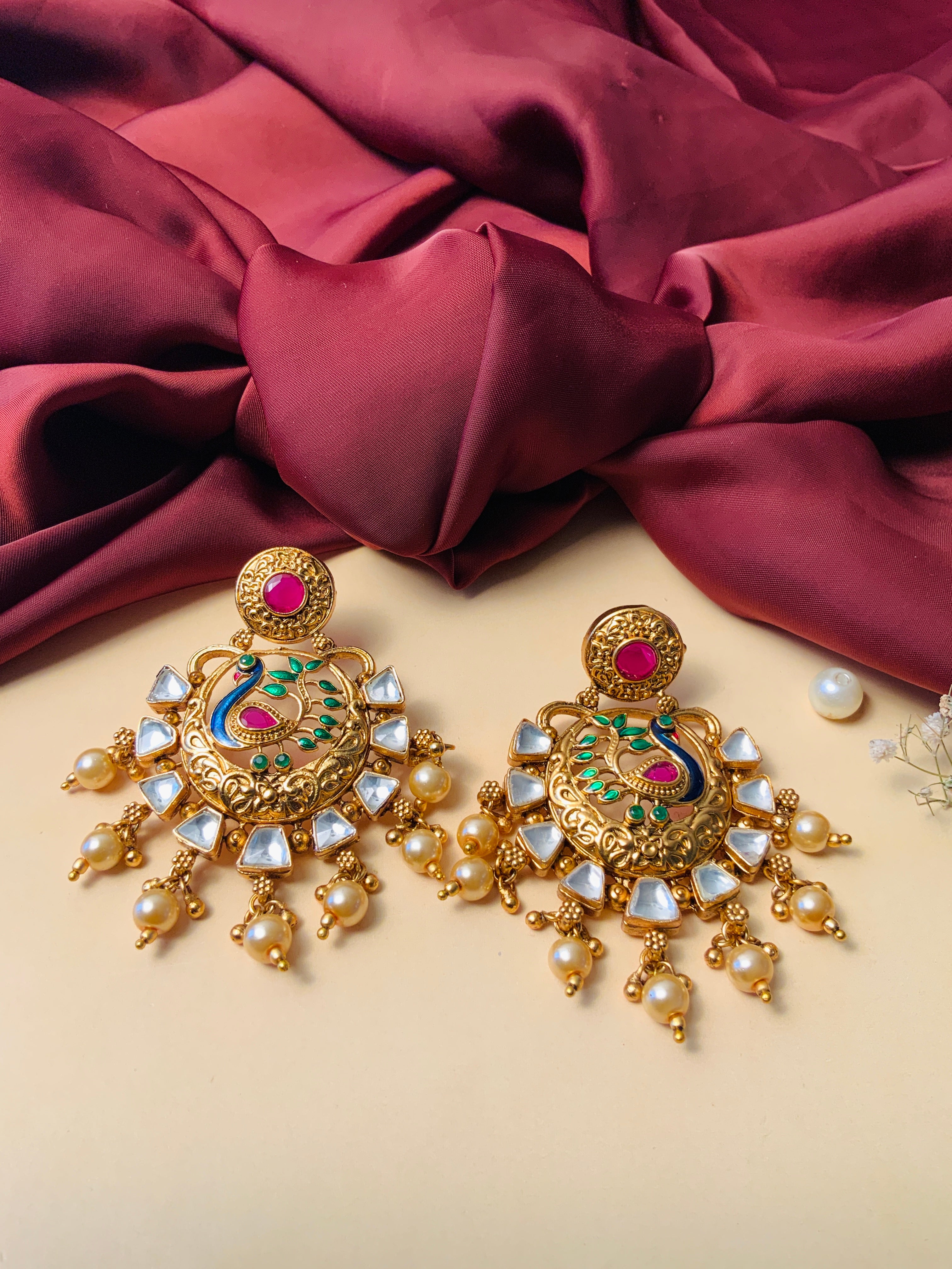 Gold Plated Antique Round Peacock Kundan Earrings with pearl drops and green pink enamel detailing by Abdesignsjewellery
