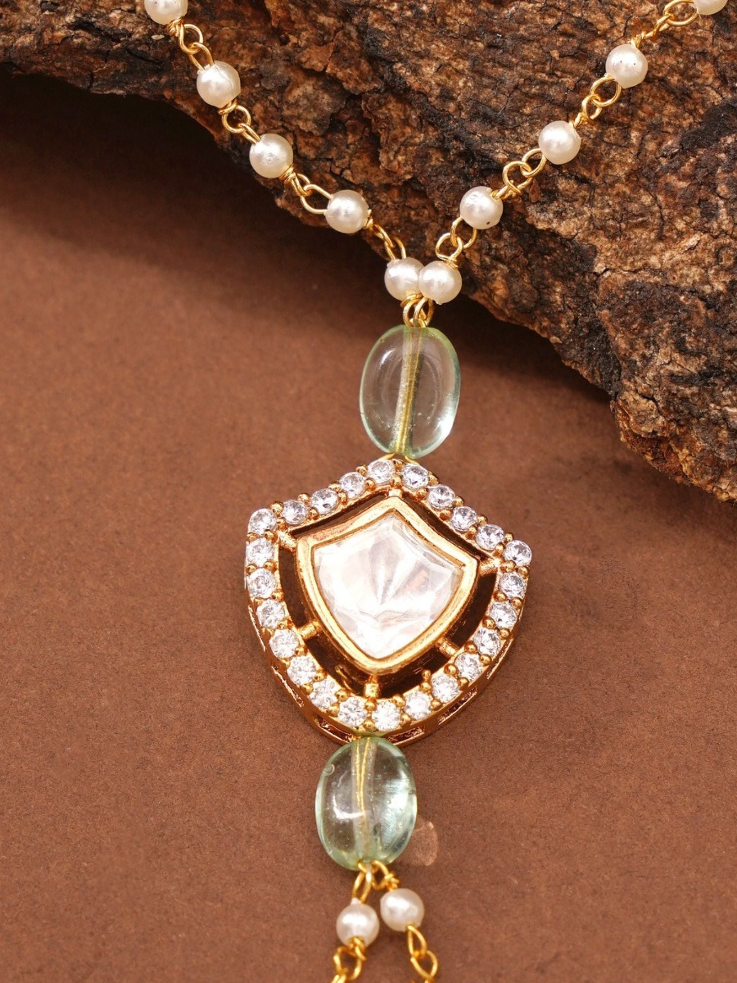 Abdesignsjewellery gold plated hand pocha bracelet with shield pendant, crystal rim, mother of pearl inlay and pearl beads