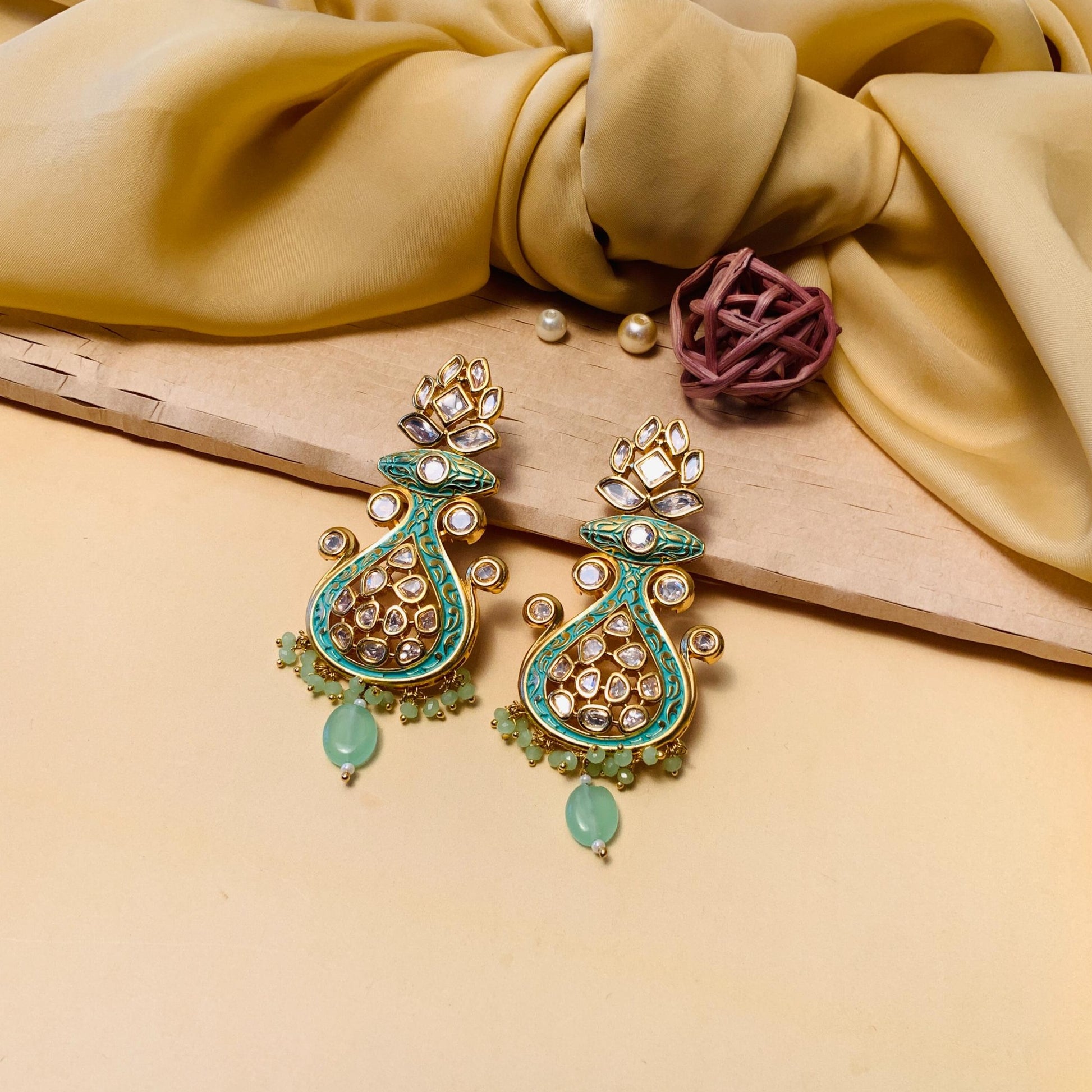 Abdesignsjewellery gold plated kundan meenakari earrings green enamel teardrop design with dangling beads
