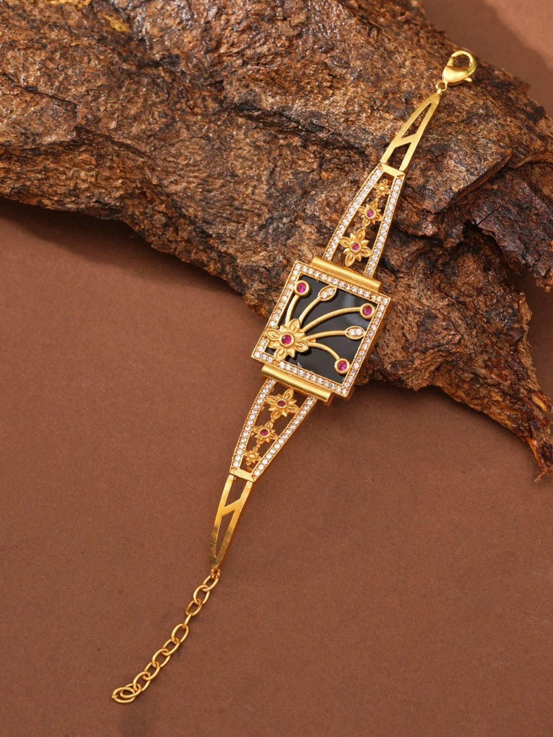 Abdesignsjewellery gold plated mother of pearl bracelet with black enamel square center and ruby accents