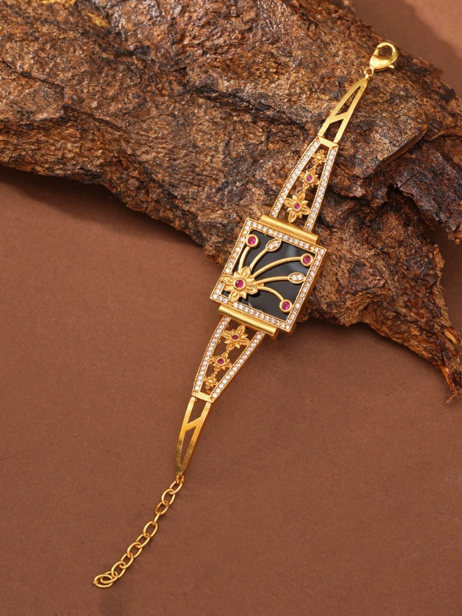 Abdesignsjewellery gold plated mother of pearl bracelet with floral pink stone accents and adjustable chain