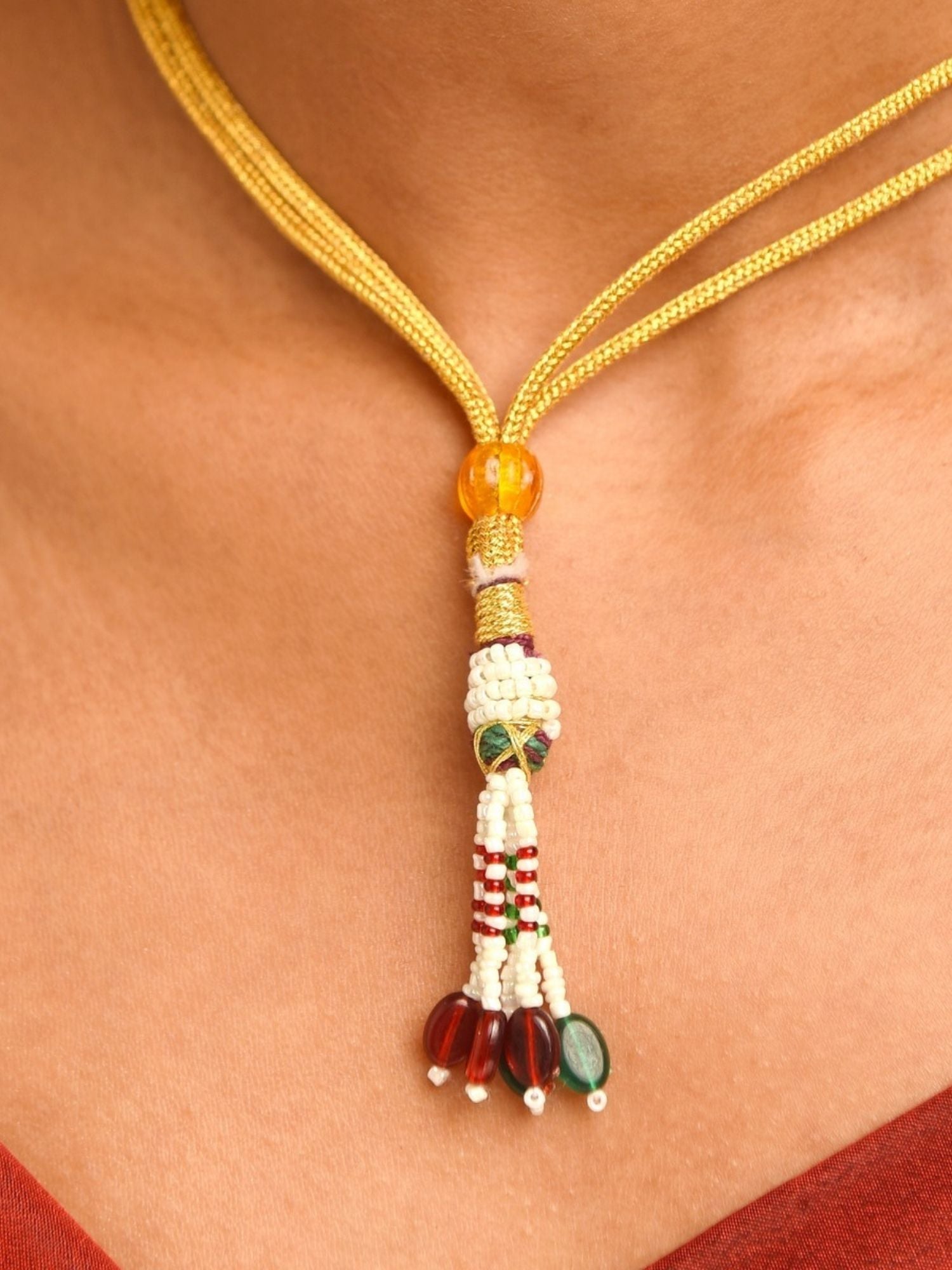 Abdesignsjewellery gold plated multicolour beads necklace set with yellow cords and beaded tassel pendant