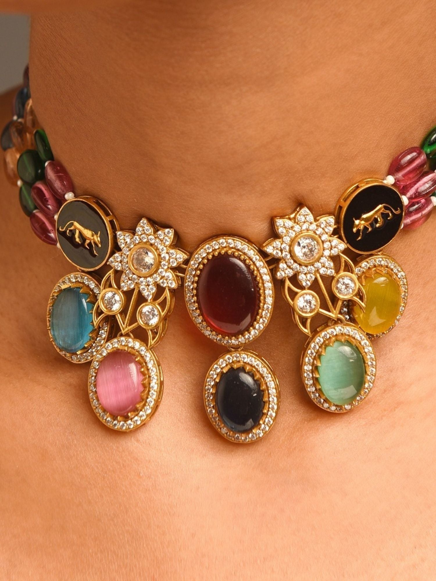 Abdesignsjewellery gold plated multicolour beads necklace set featuring jeweled oval cabochons and floral accents