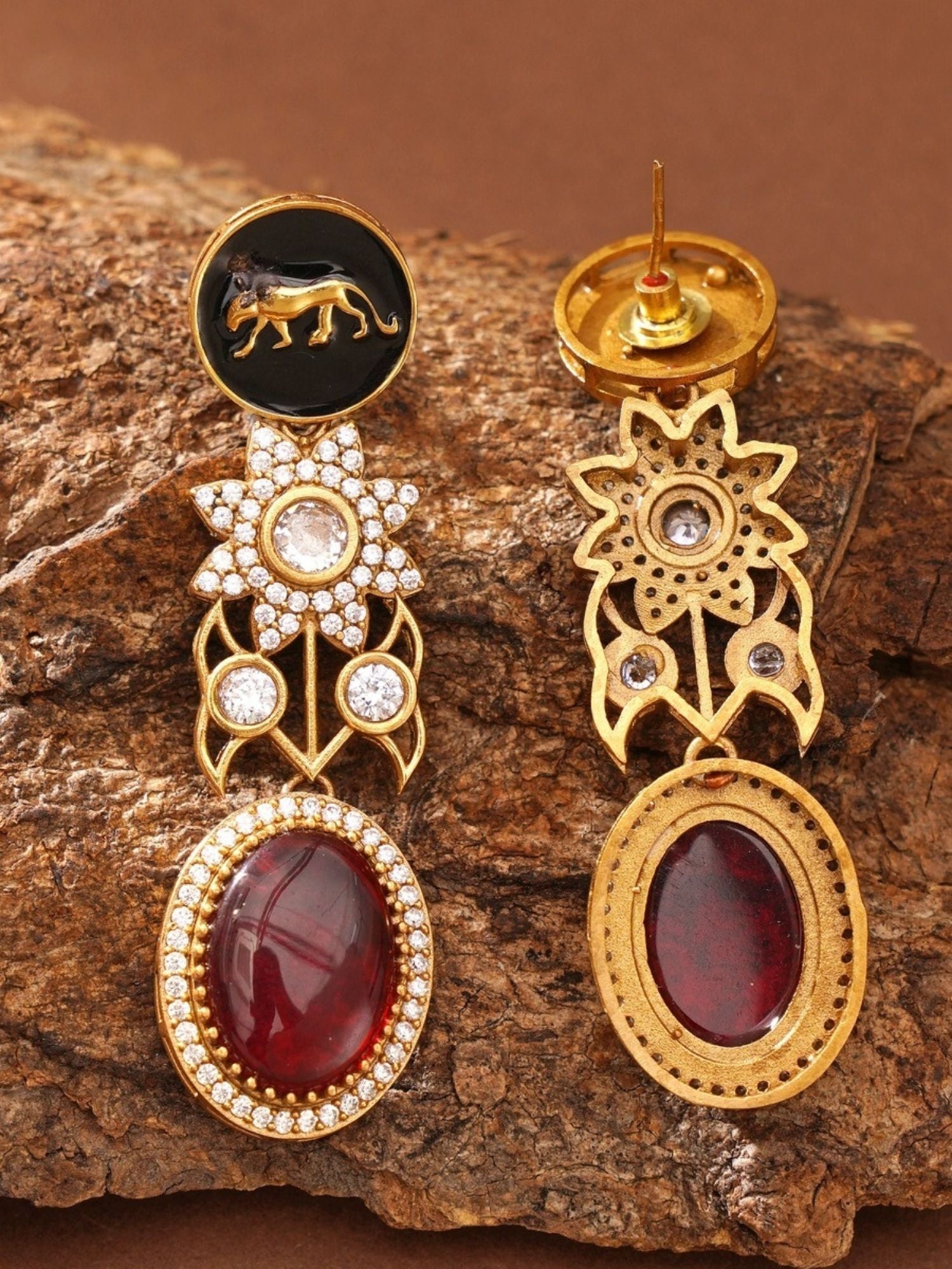 Abdesignsjewellery gold plated multicolour beads necklace set shown with matching gold red stone drop earrings on bark