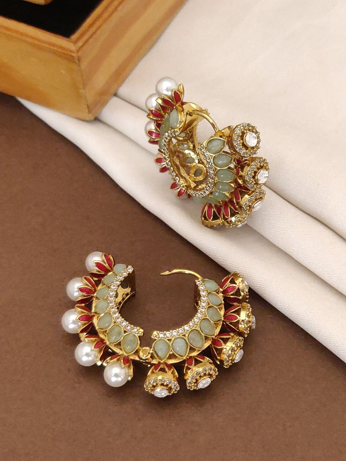 Abdesignsjewellery Gold Plated Plated Hoops Earring ornate gold hoop earrings with red green enamel pearls and crystals
