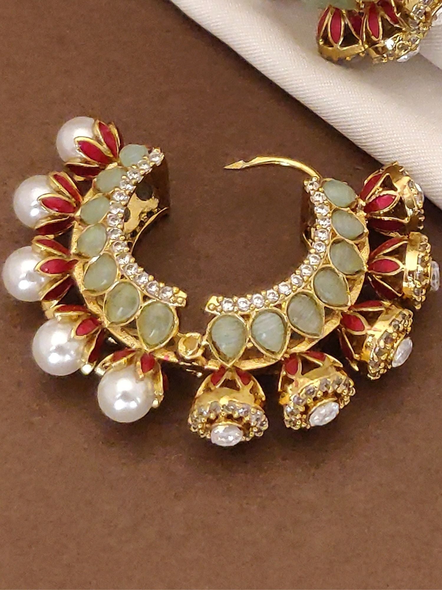 Abdesignsjewellery Gold Plated Plated Hoops Earring ornate Indian style hoop with pearls red enamel and crystals