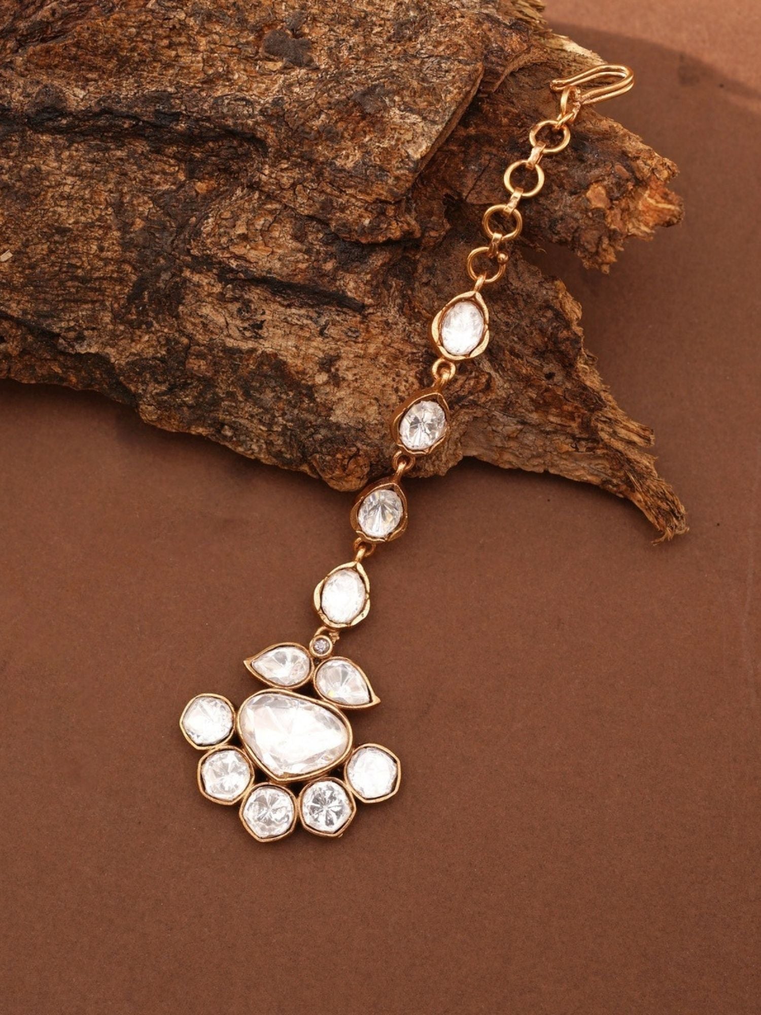 Abdesignsjewellery gold plated polki maangtikka with clear polki stones and floral pendant on adjustable chain
