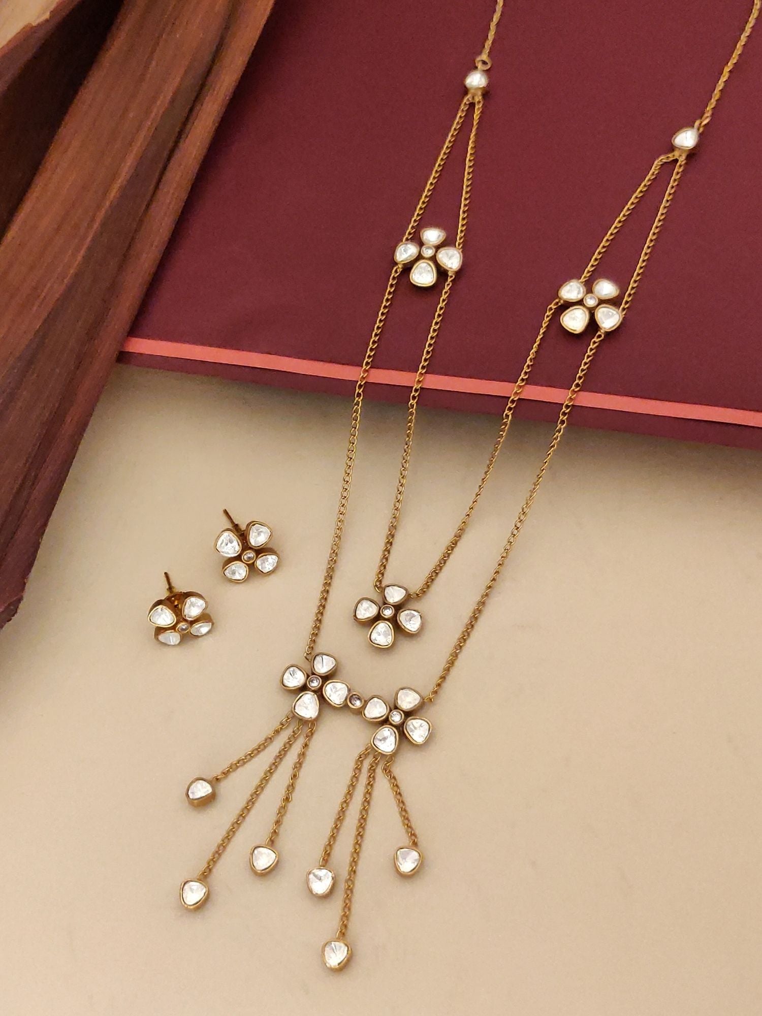 Abdesignsjewellery gold plated polki necklace set with floral polki stones and matching stud earrings