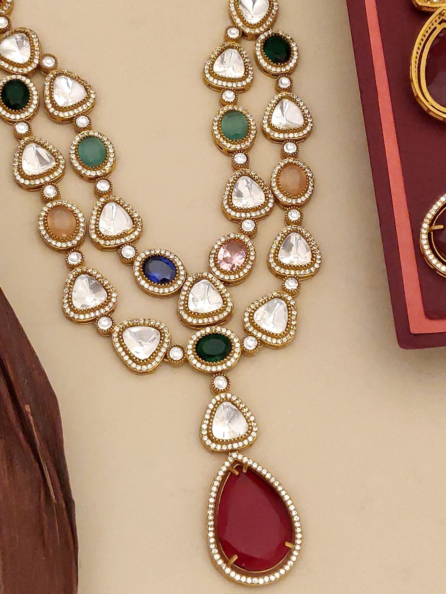 Abdesignsjewellery gold plated polki necklace set with multicolor gemstones and large red teardrop pendant