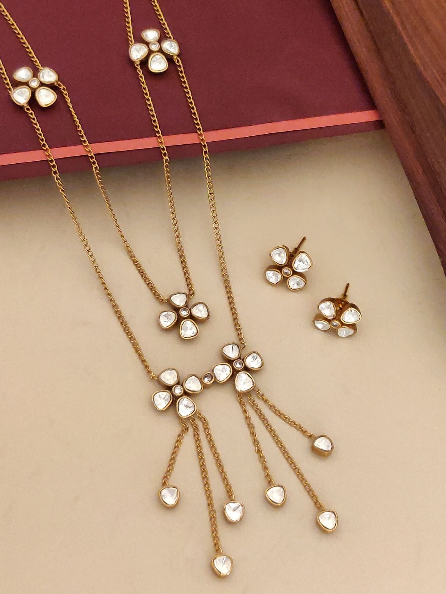 Abdesignsjewellery gold plated polki necklace set with floral cluster pendant and matching stud earrings